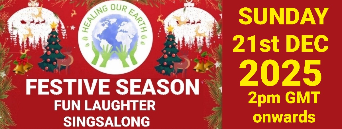 Banner for International Yoga Day Special with a figure in a yoga pose on the left and a meditating silhouette on the right. Event details in bright text: "Sunday 22nd June 2025, 2pm BST onwards." Includes the "Healing Our Earth" logo and website links for more information.