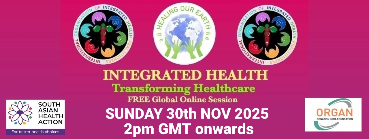 Banner for International Yoga Day Special with a figure in a yoga pose on the left and a meditating silhouette on the right. Event details in bright text: "Sunday 22nd June 2025, 2pm BST onwards." Includes the "Healing Our Earth" logo and website links for more information.