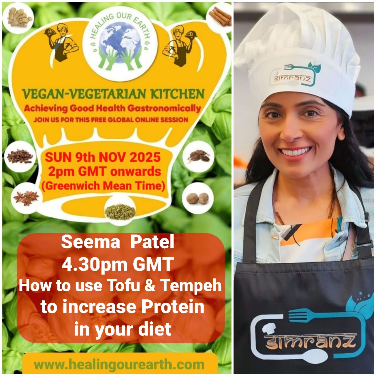 Poster for a vegan-vegetarian online event featuring Dinah Salonga, on Sunday, 23rd March at 2pm GMT. The topic is "Nutrition and Sleep: Diet’s Effect on Sleep." Includes event details, time conversions, logos, and a photo of a person smiling in a casual setting.