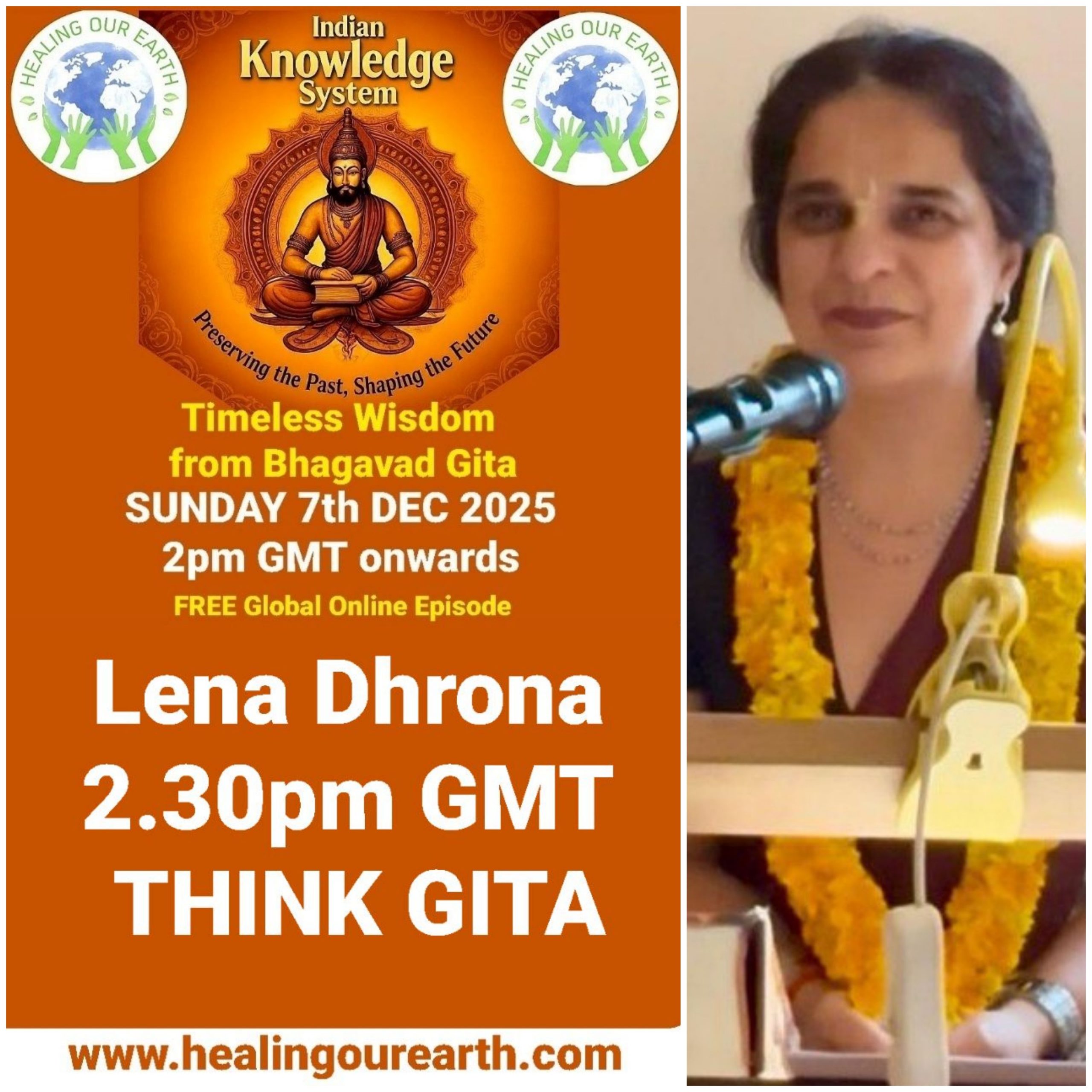 The image is a poster for a "Post COP29" online event on sustainable fashion, scheduled for Sunday, 24th November 2024, at 2pm GMT. It features a smiling woman in traditional attire next to text with event details, organized by healingourearth.com.