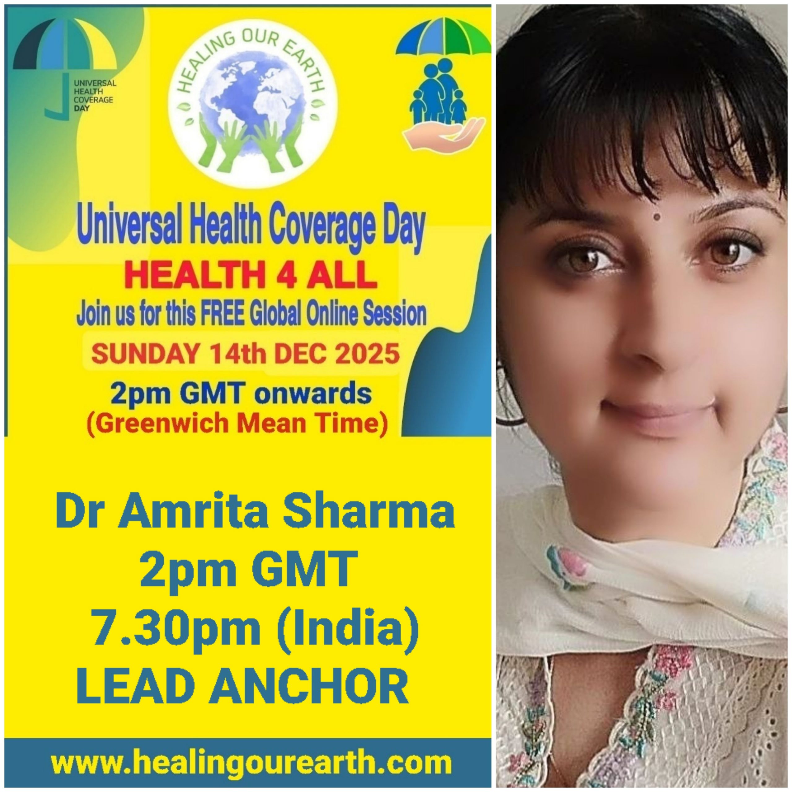 Collage of event posters for Universal Health Coverage Day. Various speakers are listed, including doctors, yoga instructors, and senior hosts, with their photos and session times. The event is set for December 11, 2022. Social media links and branding are at the bottom right.