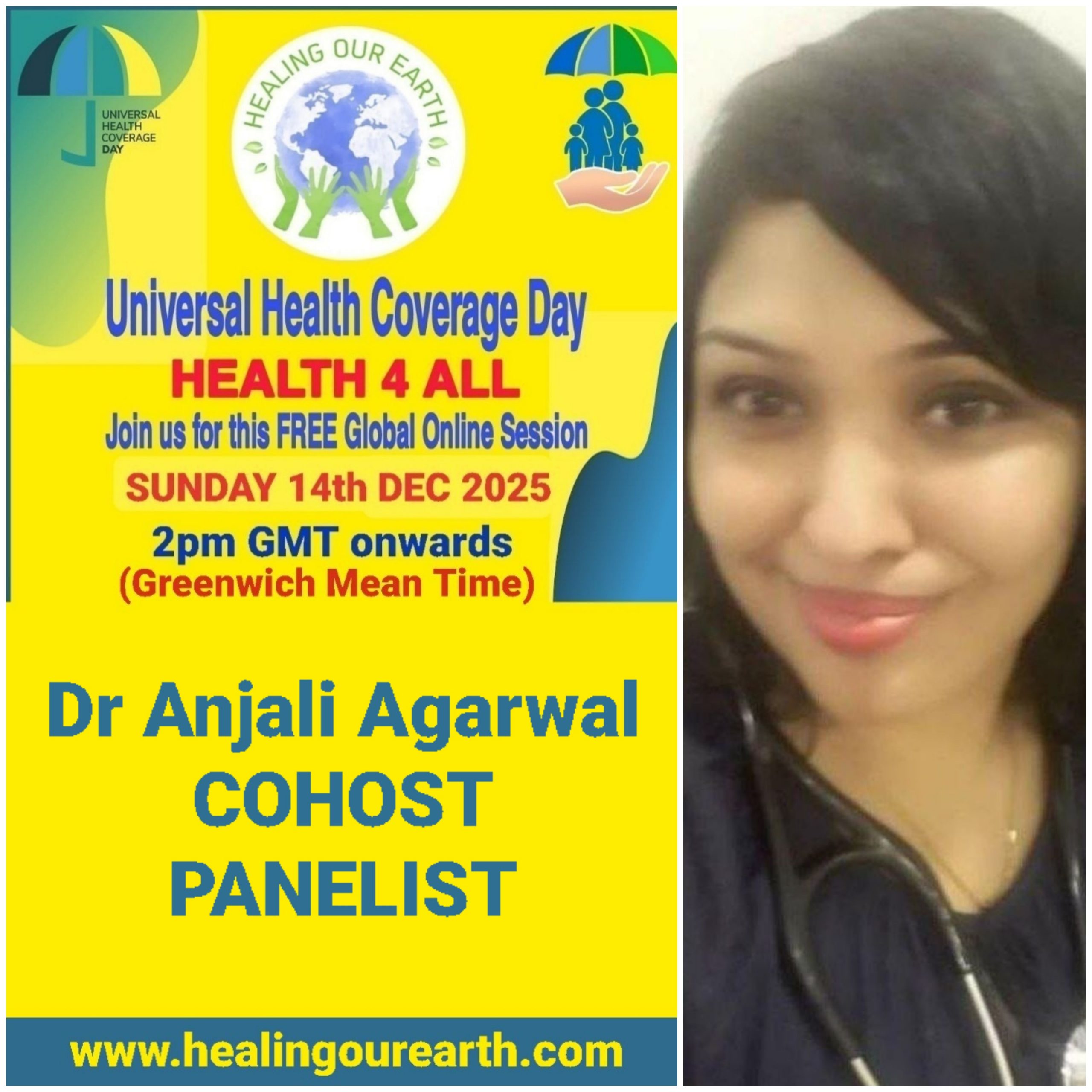 Collage of event posters for Universal Health Coverage Day. Various speakers are listed, including doctors, yoga instructors, and senior hosts, with their photos and session times. The event is set for December 11, 2022. Social media links and branding are at the bottom right.