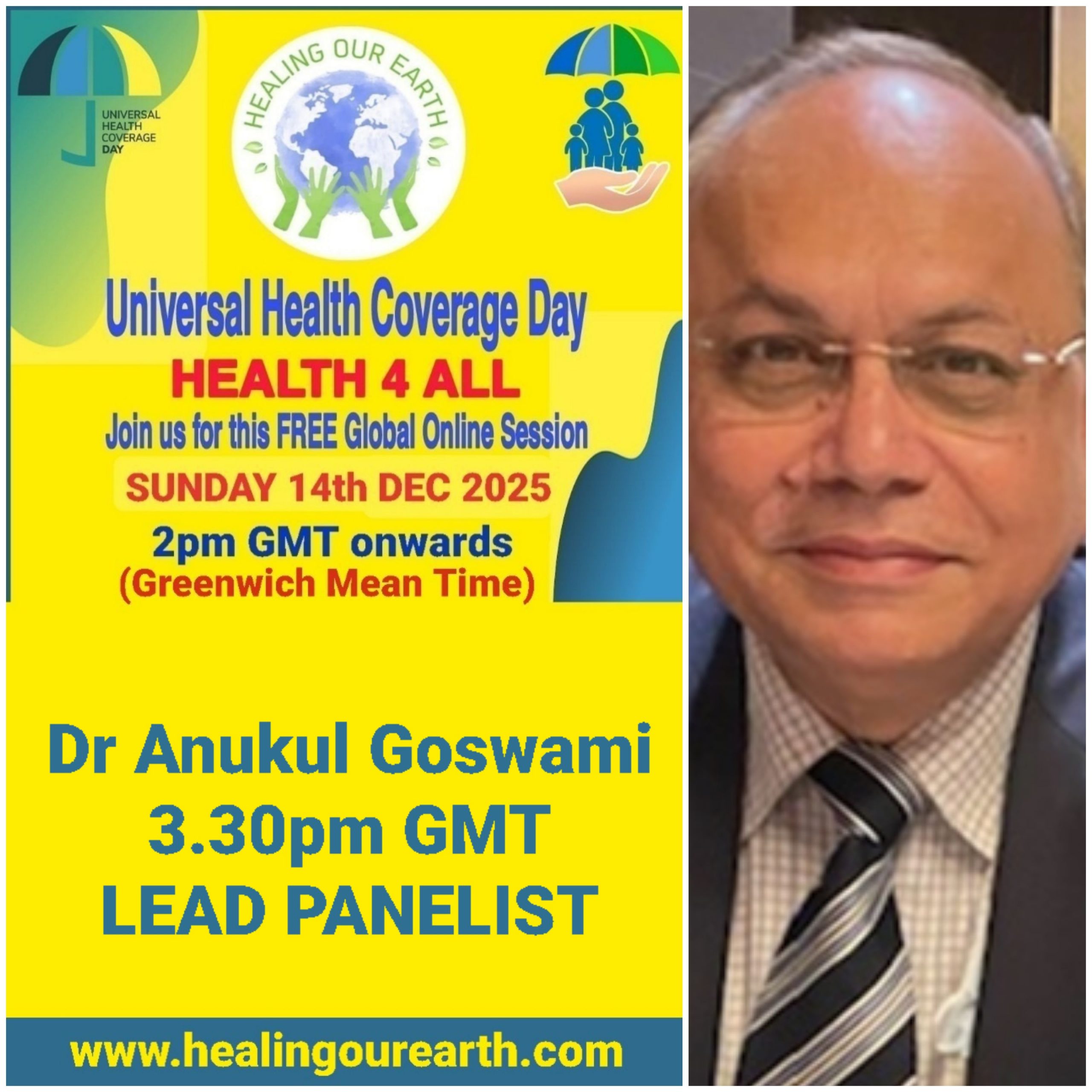 Collage of event posters for Universal Health Coverage Day. Various speakers are listed, including doctors, yoga instructors, and senior hosts, with their photos and session times. The event is set for December 11, 2022. Social media links and branding are at the bottom right.