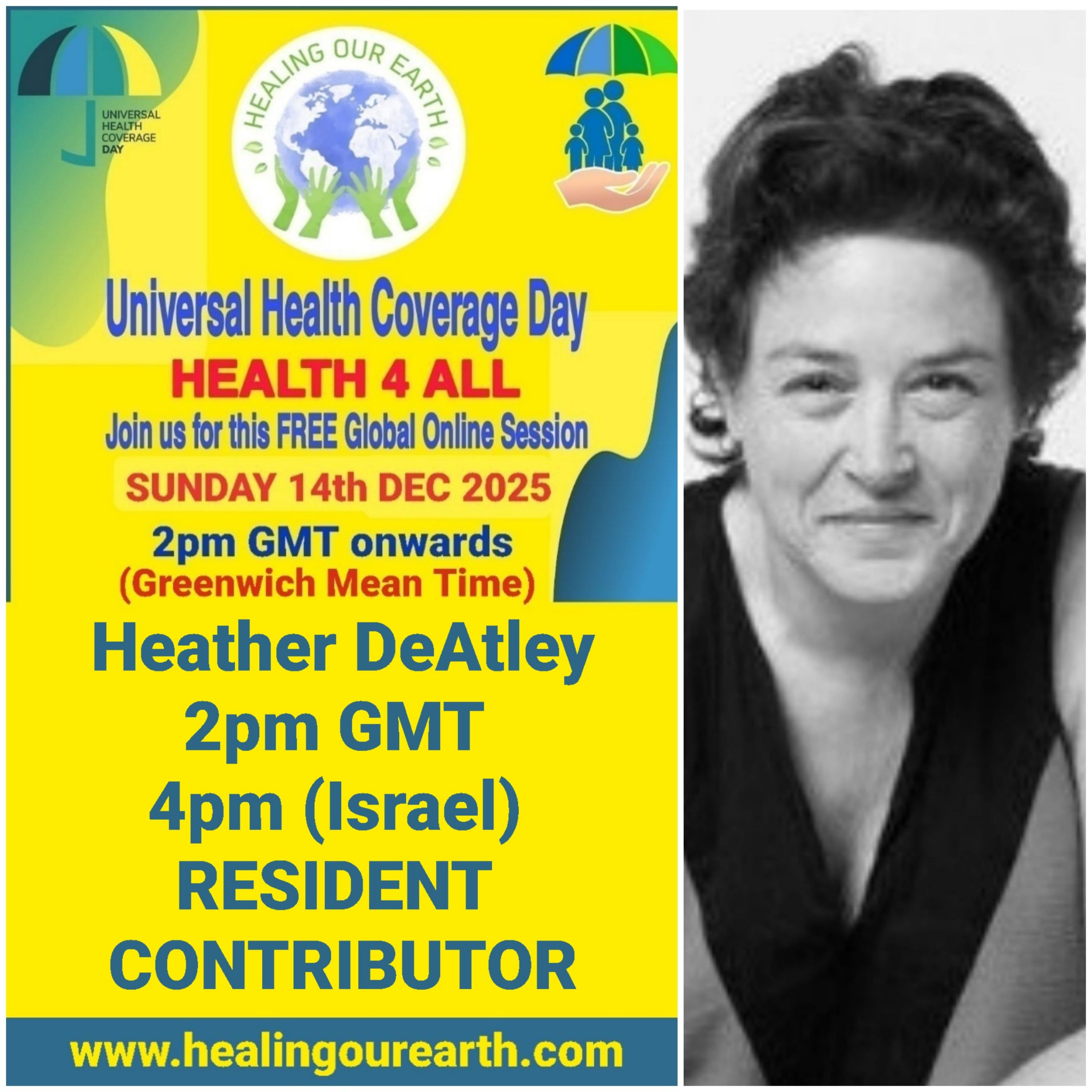 Collage of event posters for Universal Health Coverage Day. Various speakers are listed, including doctors, yoga instructors, and senior hosts, with their photos and session times. The event is set for December 11, 2022. Social media links and branding are at the bottom right.