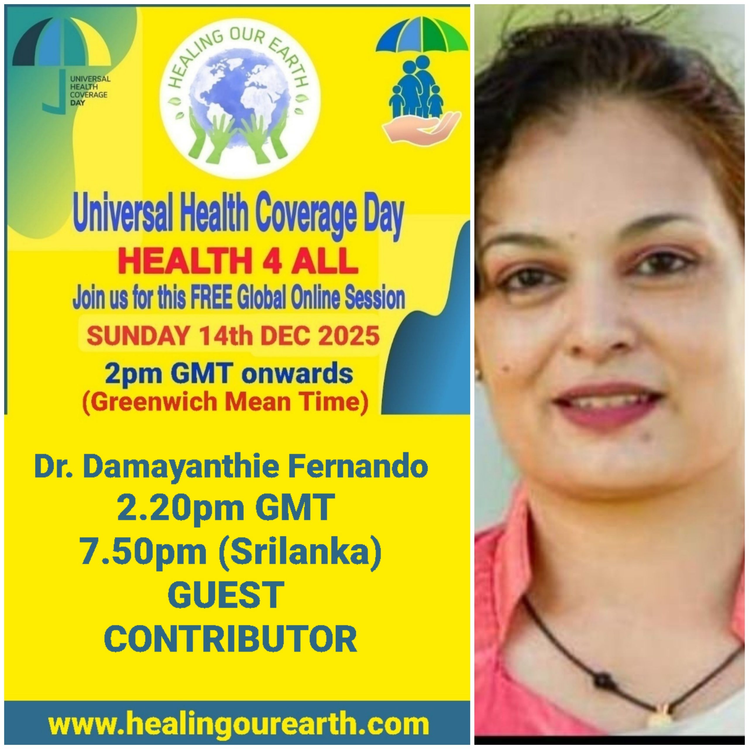 Collage of event posters for Universal Health Coverage Day. Various speakers are listed, including doctors, yoga instructors, and senior hosts, with their photos and session times. The event is set for December 11, 2022. Social media links and branding are at the bottom right.