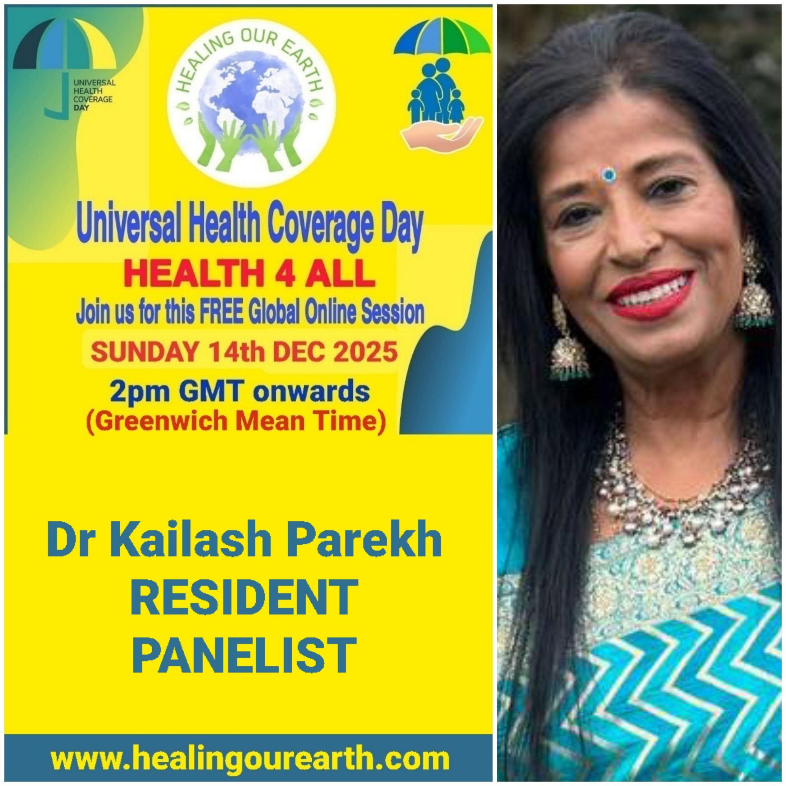 Collage of event posters for Universal Health Coverage Day. Various speakers are listed, including doctors, yoga instructors, and senior hosts, with their photos and session times. The event is set for December 11, 2022. Social media links and branding are at the bottom right.