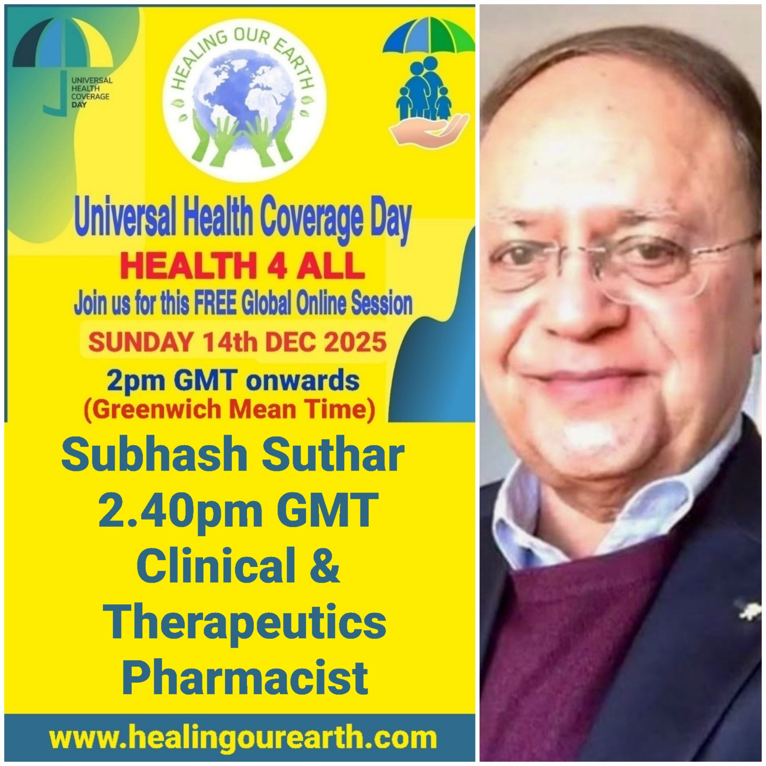 Collage of event posters for Universal Health Coverage Day. Various speakers are listed, including doctors, yoga instructors, and senior hosts, with their photos and session times. The event is set for December 11, 2022. Social media links and branding are at the bottom right.