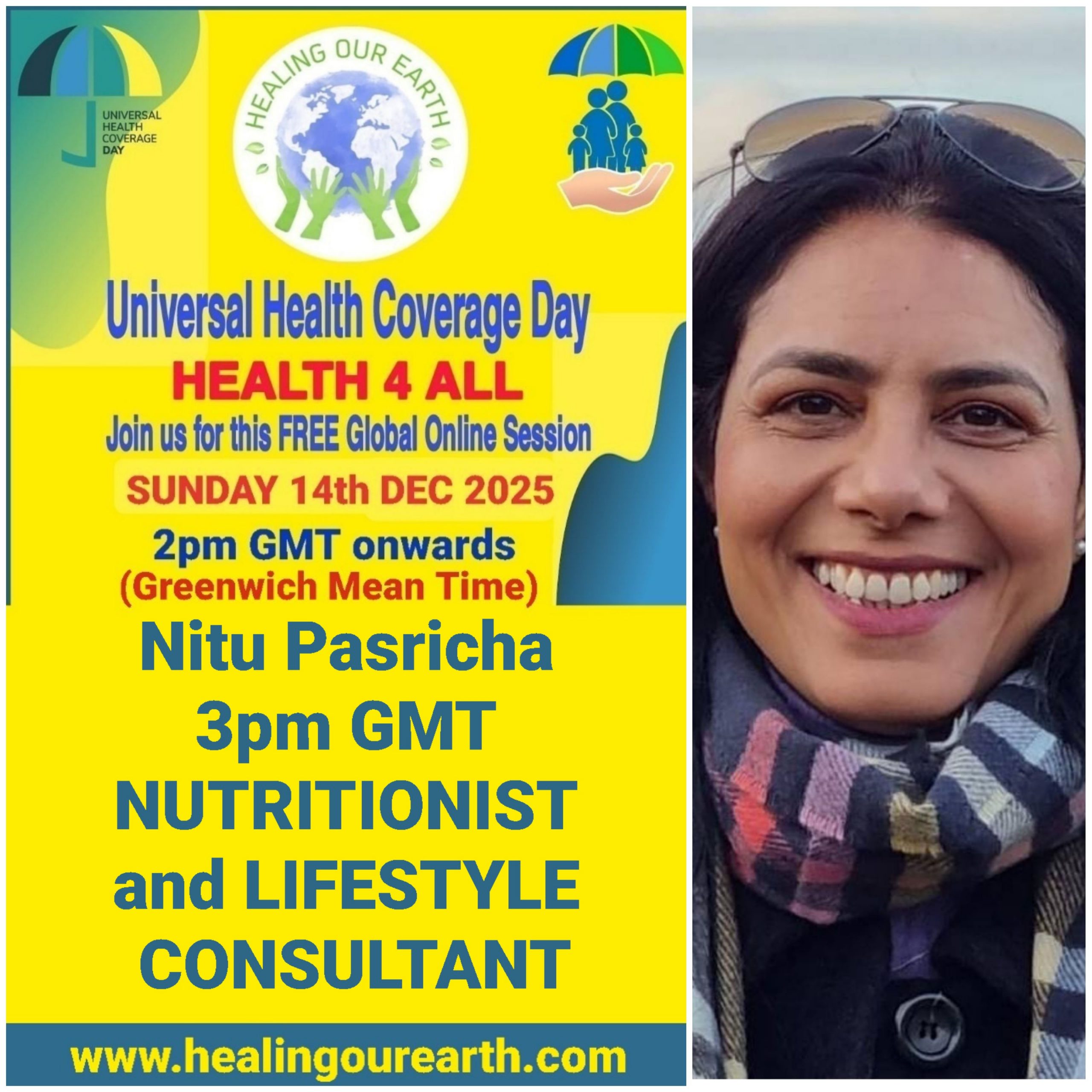 Collage of event posters for Universal Health Coverage Day. Various speakers are listed, including doctors, yoga instructors, and senior hosts, with their photos and session times. The event is set for December 11, 2022. Social media links and branding are at the bottom right.