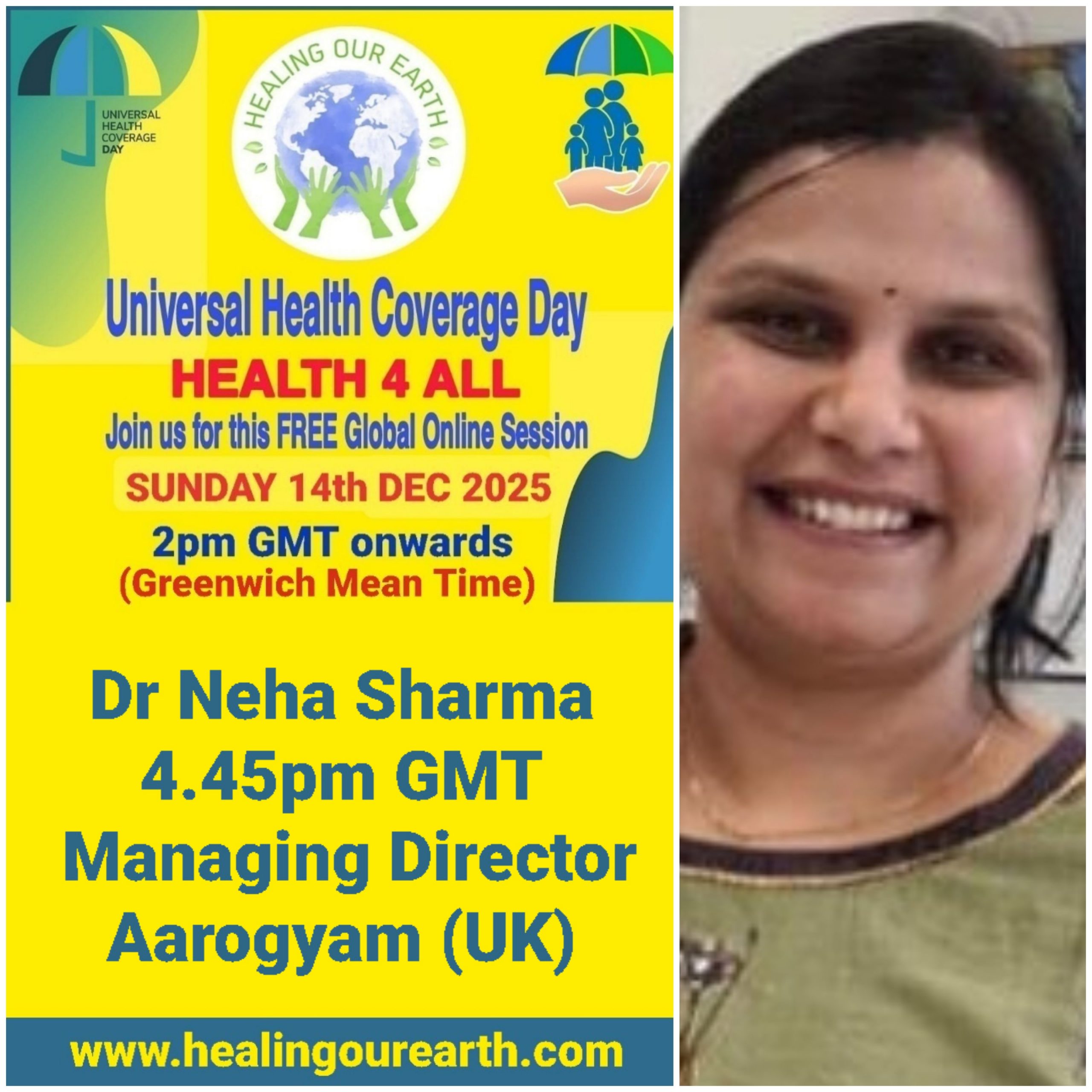 Collage of event posters for Universal Health Coverage Day. Various speakers are listed, including doctors, yoga instructors, and senior hosts, with their photos and session times. The event is set for December 11, 2022. Social media links and branding are at the bottom right.
