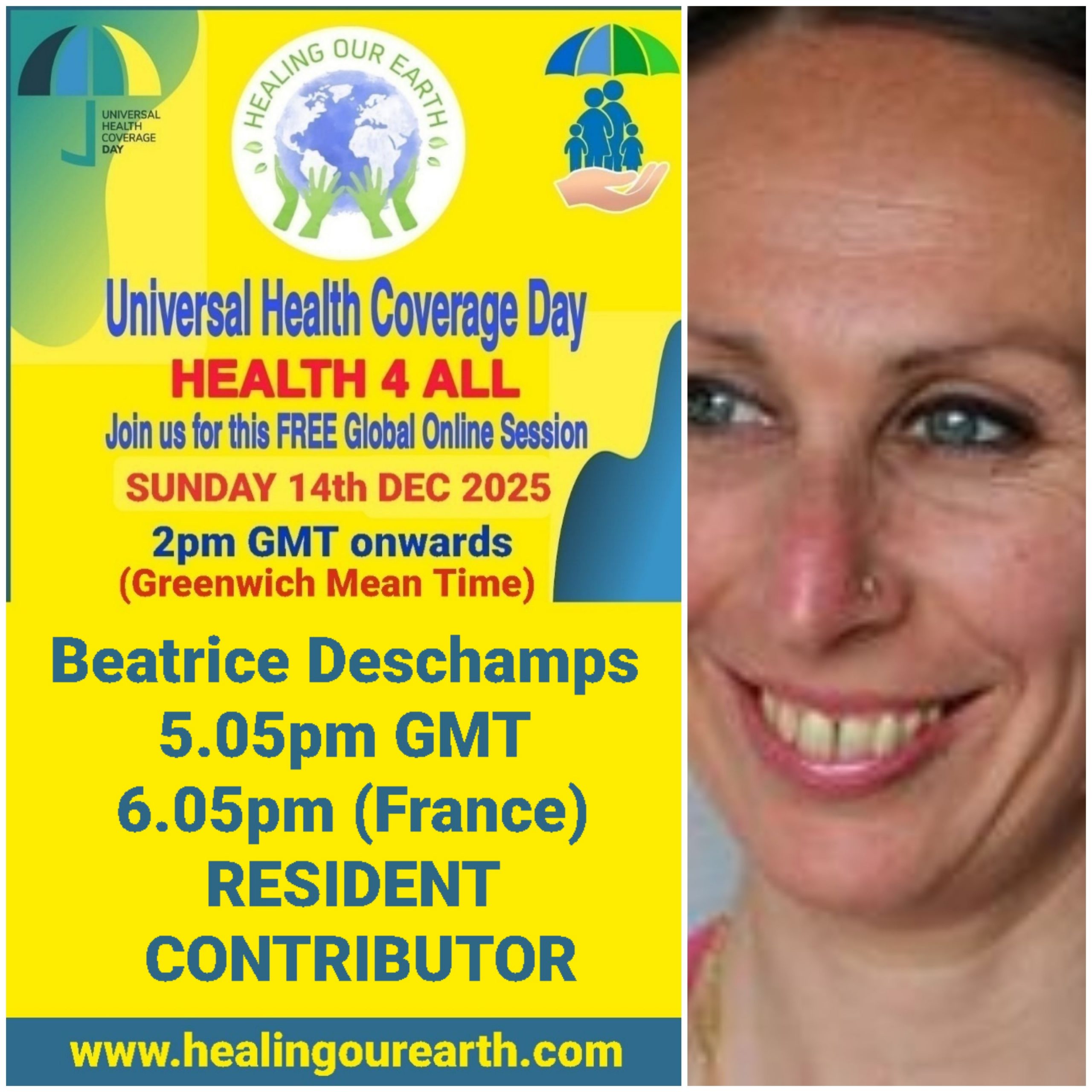 Collage of event posters for Universal Health Coverage Day. Various speakers are listed, including doctors, yoga instructors, and senior hosts, with their photos and session times. The event is set for December 11, 2022. Social media links and branding are at the bottom right.