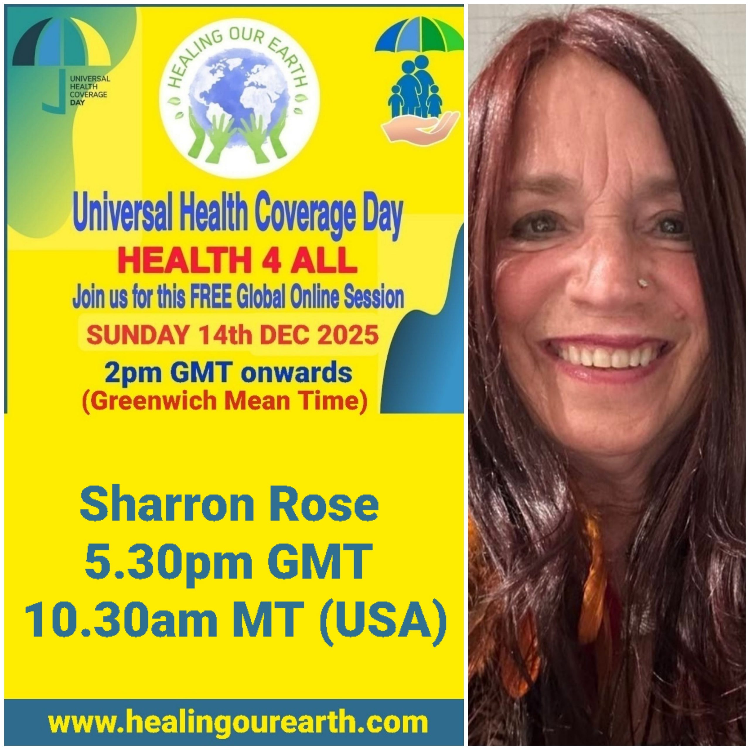 Collage of event posters for Universal Health Coverage Day. Various speakers are listed, including doctors, yoga instructors, and senior hosts, with their photos and session times. The event is set for December 11, 2022. Social media links and branding are at the bottom right.