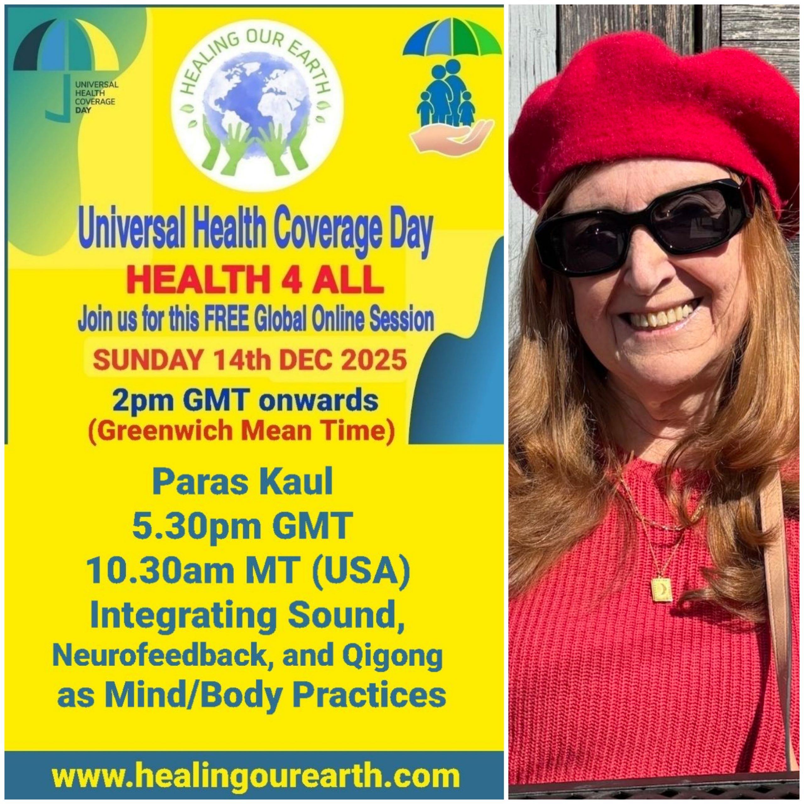 Collage of event posters for Universal Health Coverage Day. Various speakers are listed, including doctors, yoga instructors, and senior hosts, with their photos and session times. The event is set for December 11, 2022. Social media links and branding are at the bottom right.