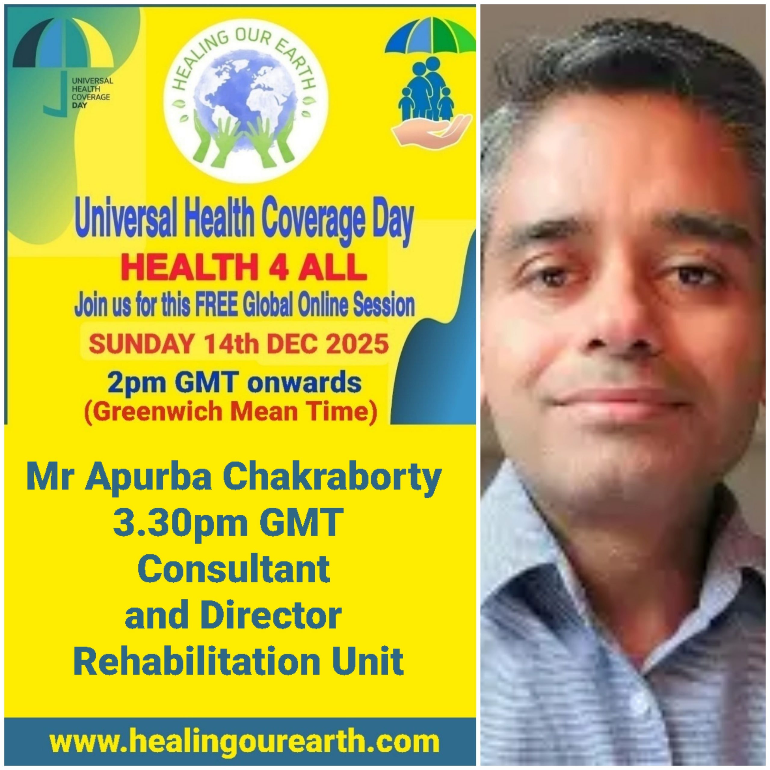 Collage of event posters for Universal Health Coverage Day. Various speakers are listed, including doctors, yoga instructors, and senior hosts, with their photos and session times. The event is set for December 11, 2022. Social media links and branding are at the bottom right.