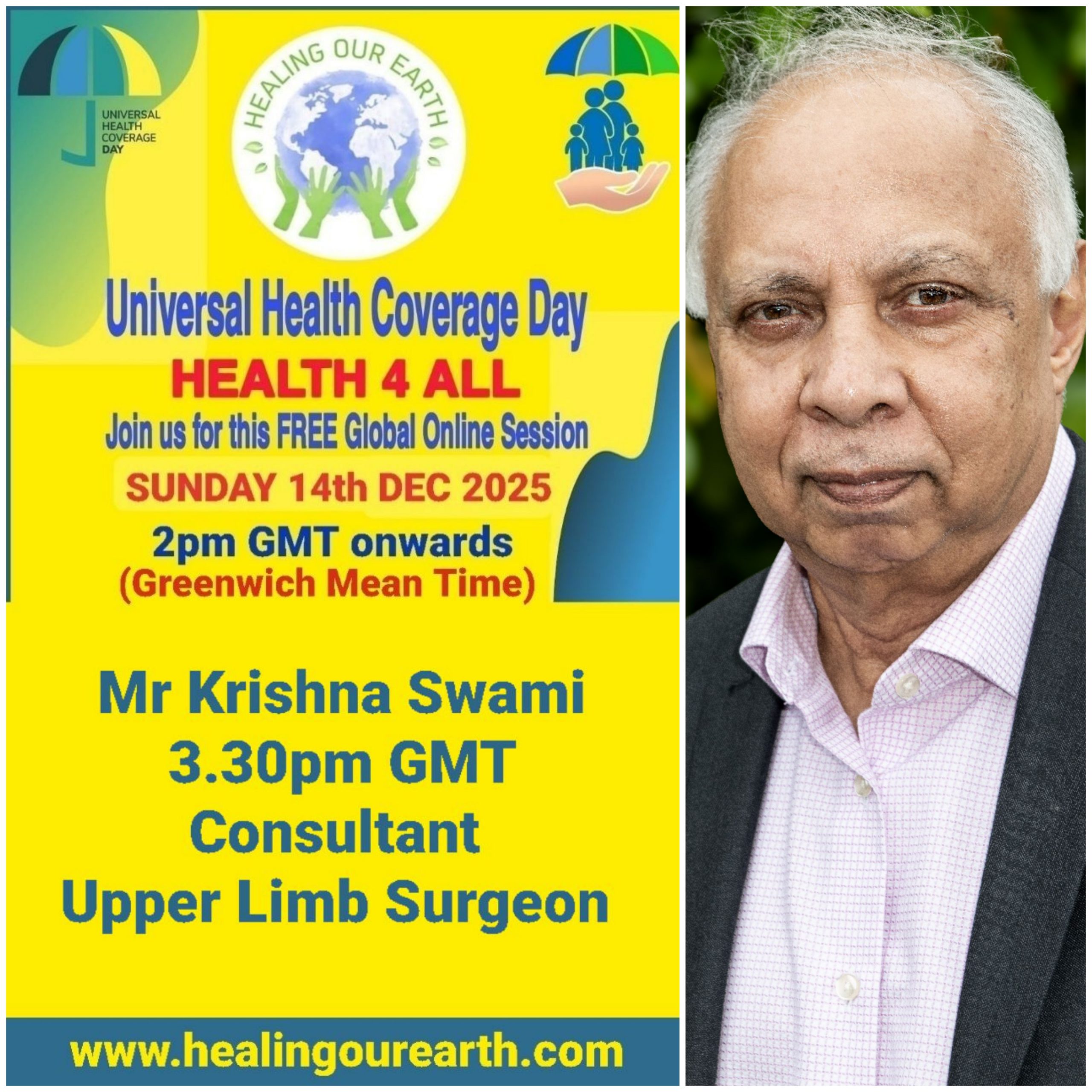 Collage of event posters for Universal Health Coverage Day. Various speakers are listed, including doctors, yoga instructors, and senior hosts, with their photos and session times. The event is set for December 11, 2022. Social media links and branding are at the bottom right.
