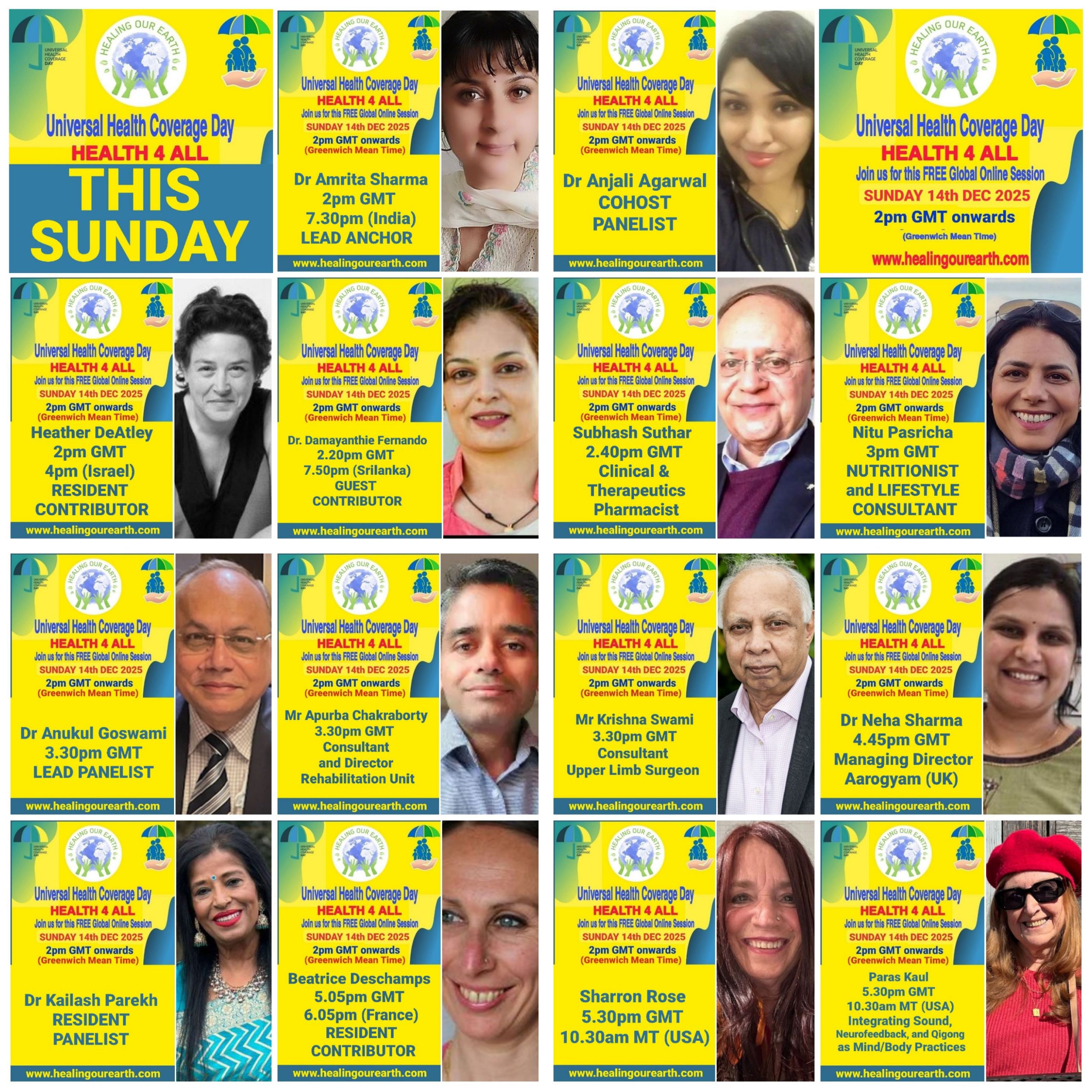 Collage of event posters for Universal Health Coverage Day. Various speakers are listed, including doctors, yoga instructors, and senior hosts, with their photos and session times. The event is set for December 11, 2022. Social media links and branding are at the bottom right.