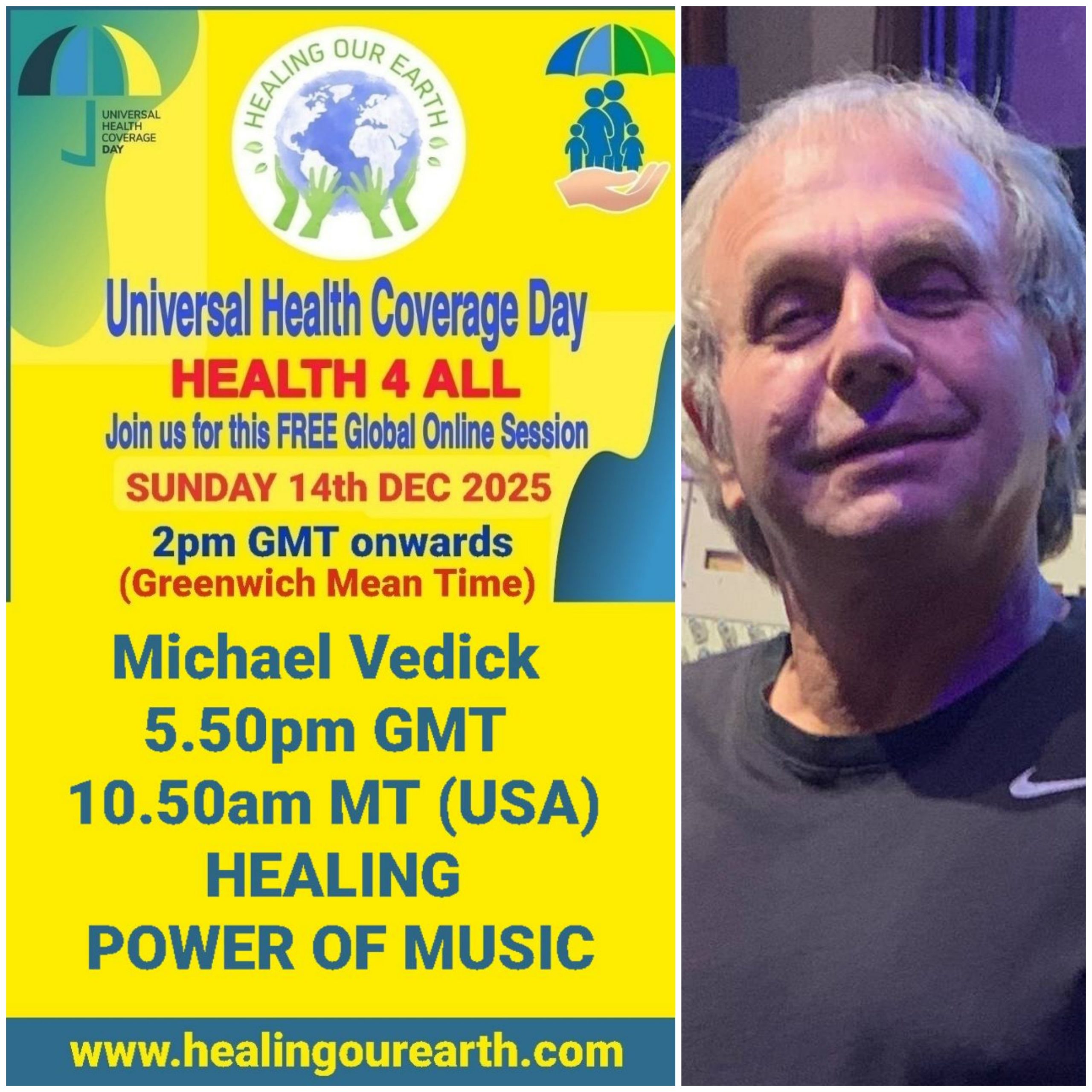 Collage of event posters for Universal Health Coverage Day. Various speakers are listed, including doctors, yoga instructors, and senior hosts, with their photos and session times. The event is set for December 11, 2022. Social media links and branding are at the bottom right.