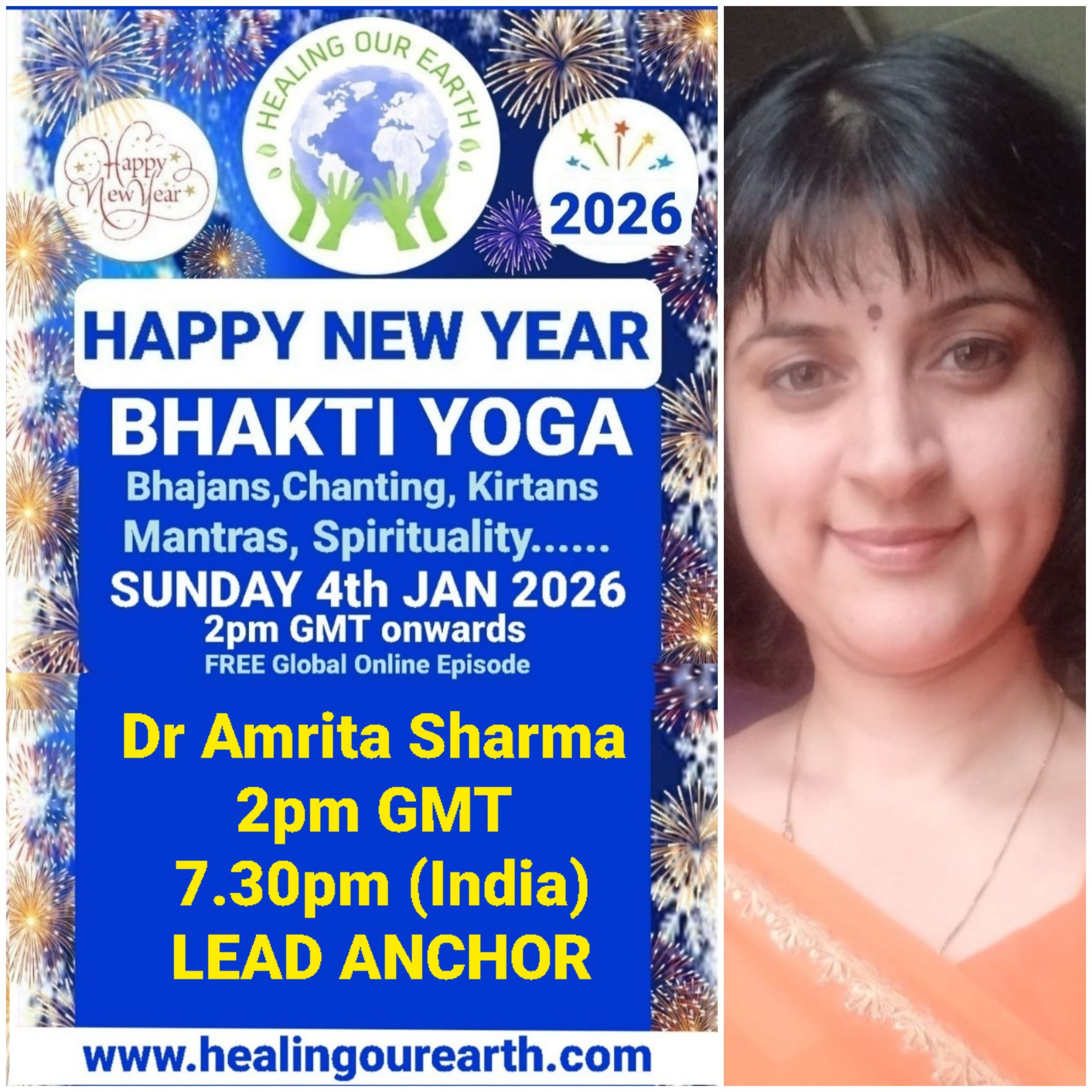 A grid of 16 images showcases various people labeled as speakers for a Bhakti Yoga event happening on a Sunday in 2025. Each image includes a photo of the speaker, their name, and event details. A map of the world and "Happy New Year Bhakti Yoga 2025" appear across the top. Contact info is at the bottom.