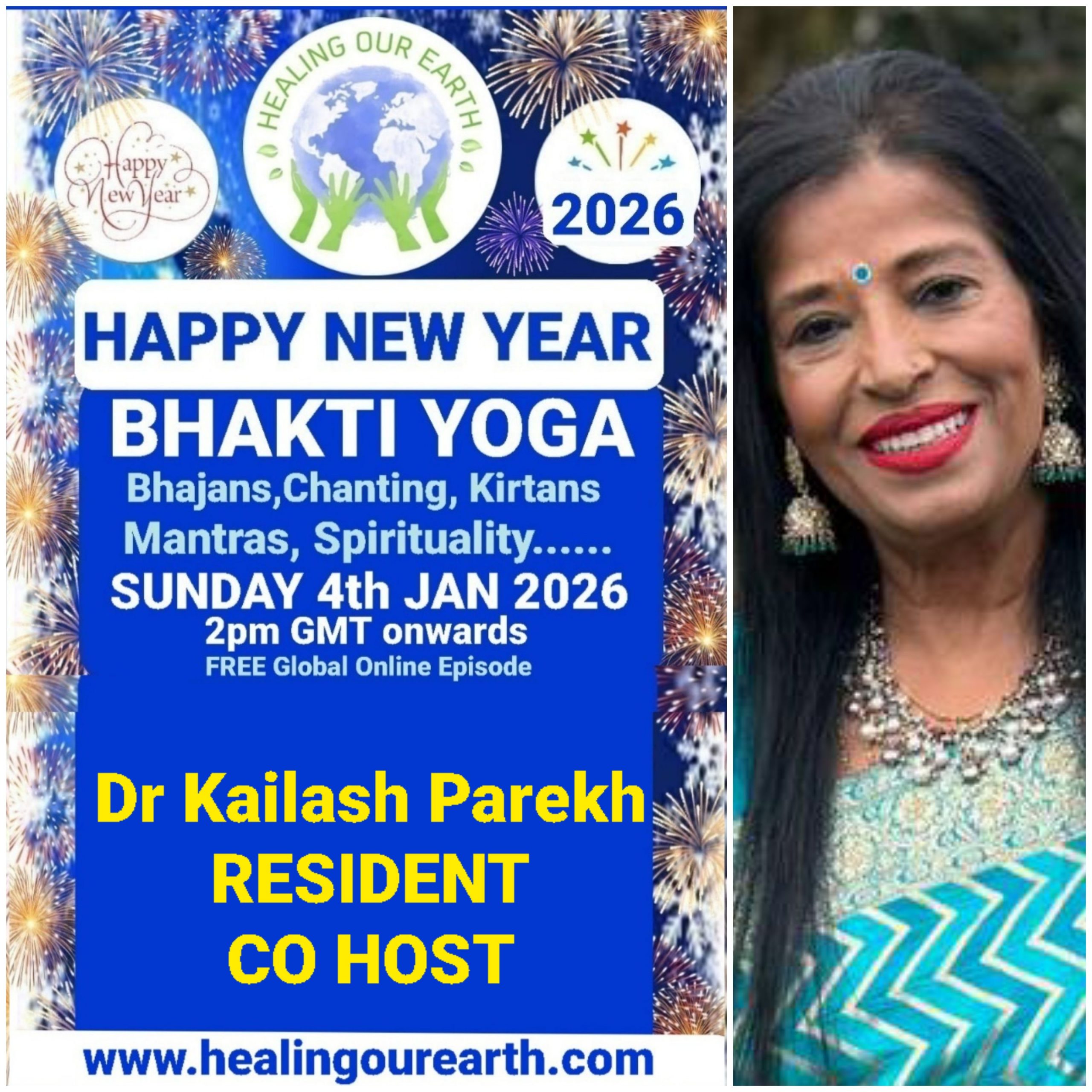 A grid of 16 images showcases various people labeled as speakers for a Bhakti Yoga event happening on a Sunday in 2025. Each image includes a photo of the speaker, their name, and event details. A map of the world and "Happy New Year Bhakti Yoga 2025" appear across the top. Contact info is at the bottom.