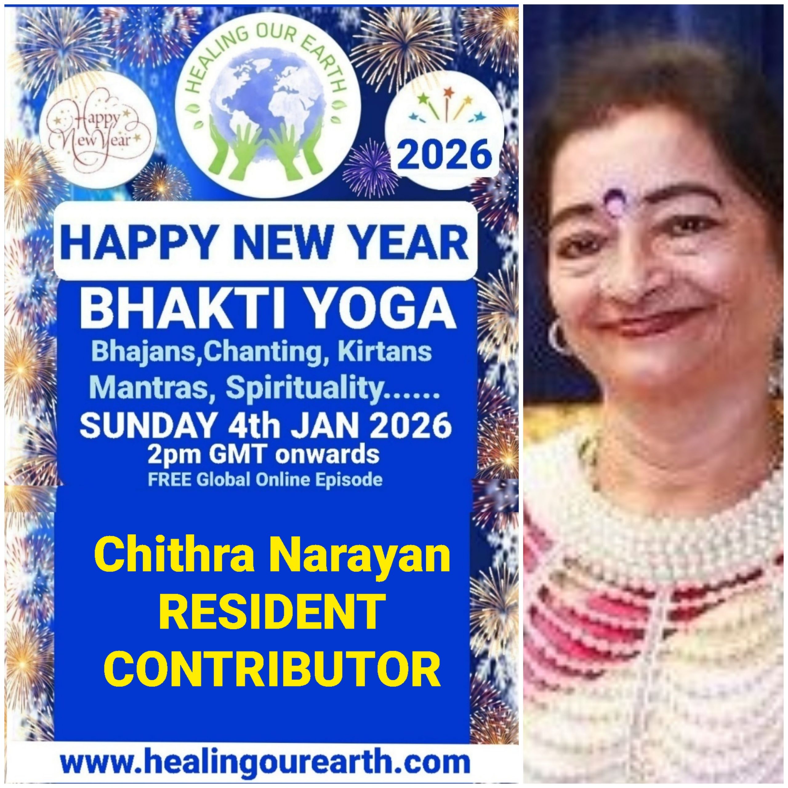 A grid of 16 images showcases various people labeled as speakers for a Bhakti Yoga event happening on a Sunday in 2025. Each image includes a photo of the speaker, their name, and event details. A map of the world and "Happy New Year Bhakti Yoga 2025" appear across the top. Contact info is at the bottom.