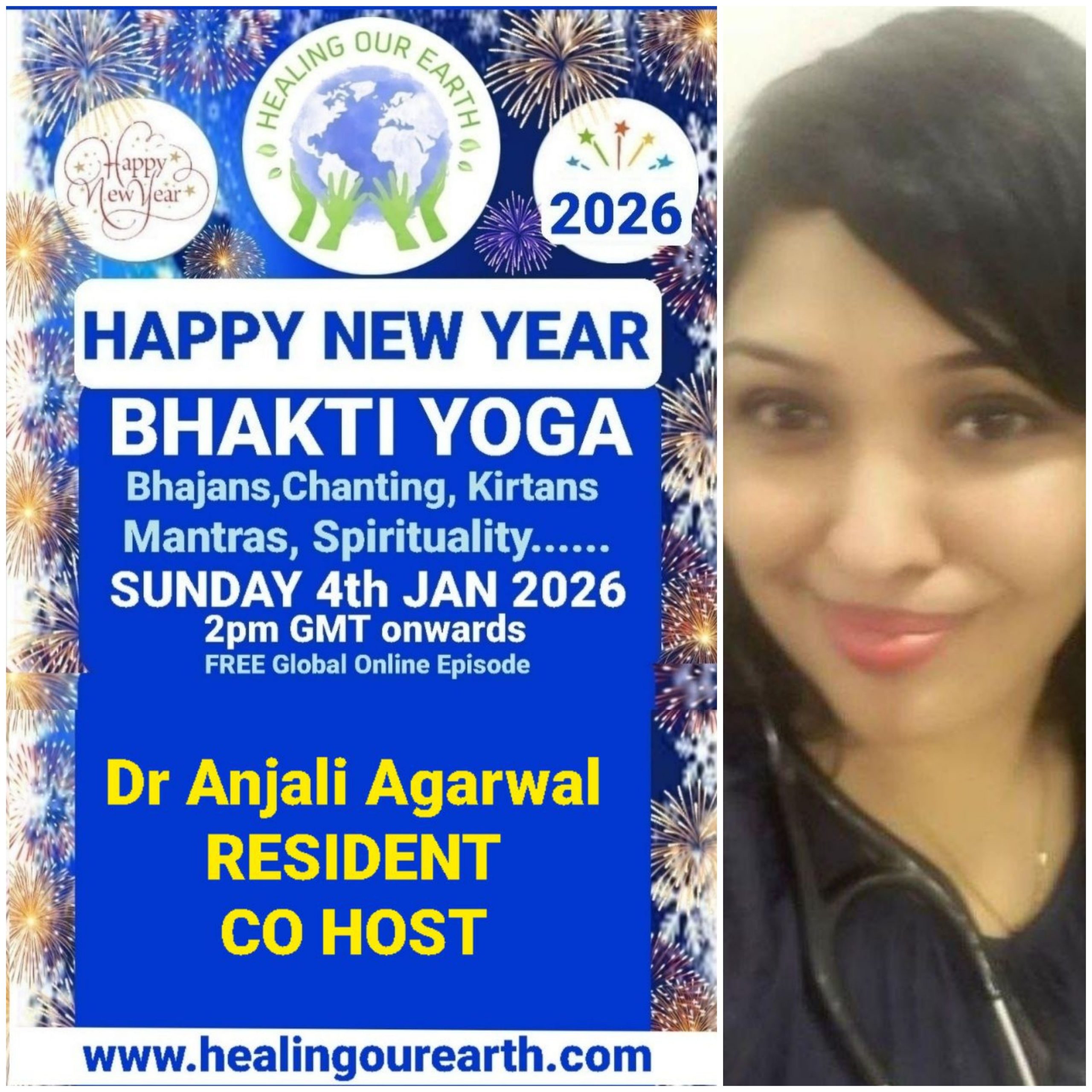 A grid of 16 images showcases various people labeled as speakers for a Bhakti Yoga event happening on a Sunday in 2025. Each image includes a photo of the speaker, their name, and event details. A map of the world and "Happy New Year Bhakti Yoga 2025" appear across the top. Contact info is at the bottom.