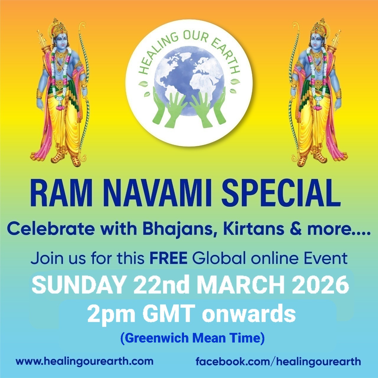 Colorful Ram Navami event poster with two images of a blue-skinned deity, promotional text, and event details. Central graphic features a planet held by hands. Event is on Sunday, 6th April 2025 at 2 PM BST. Website and Facebook link for more info.