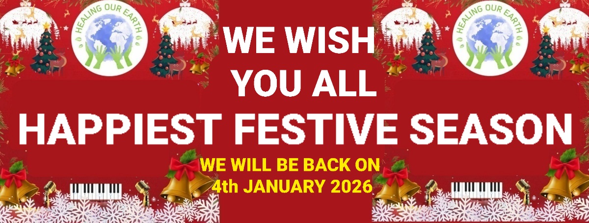 Banner for International Yoga Day Special with a figure in a yoga pose on the left and a meditating silhouette on the right. Event details in bright text: "Sunday 22nd June 2025, 2pm BST onwards." Includes the "Healing Our Earth" logo and website links for more information.