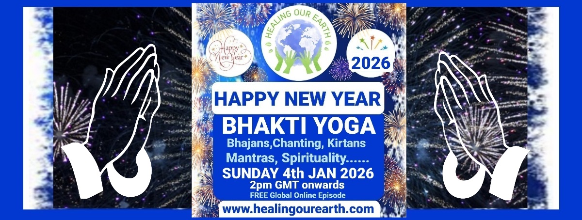 Banner for International Yoga Day Special with a figure in a yoga pose on the left and a meditating silhouette on the right. Event details in bright text: "Sunday 22nd June 2025, 2pm BST onwards." Includes the "Healing Our Earth" logo and website links for more information.