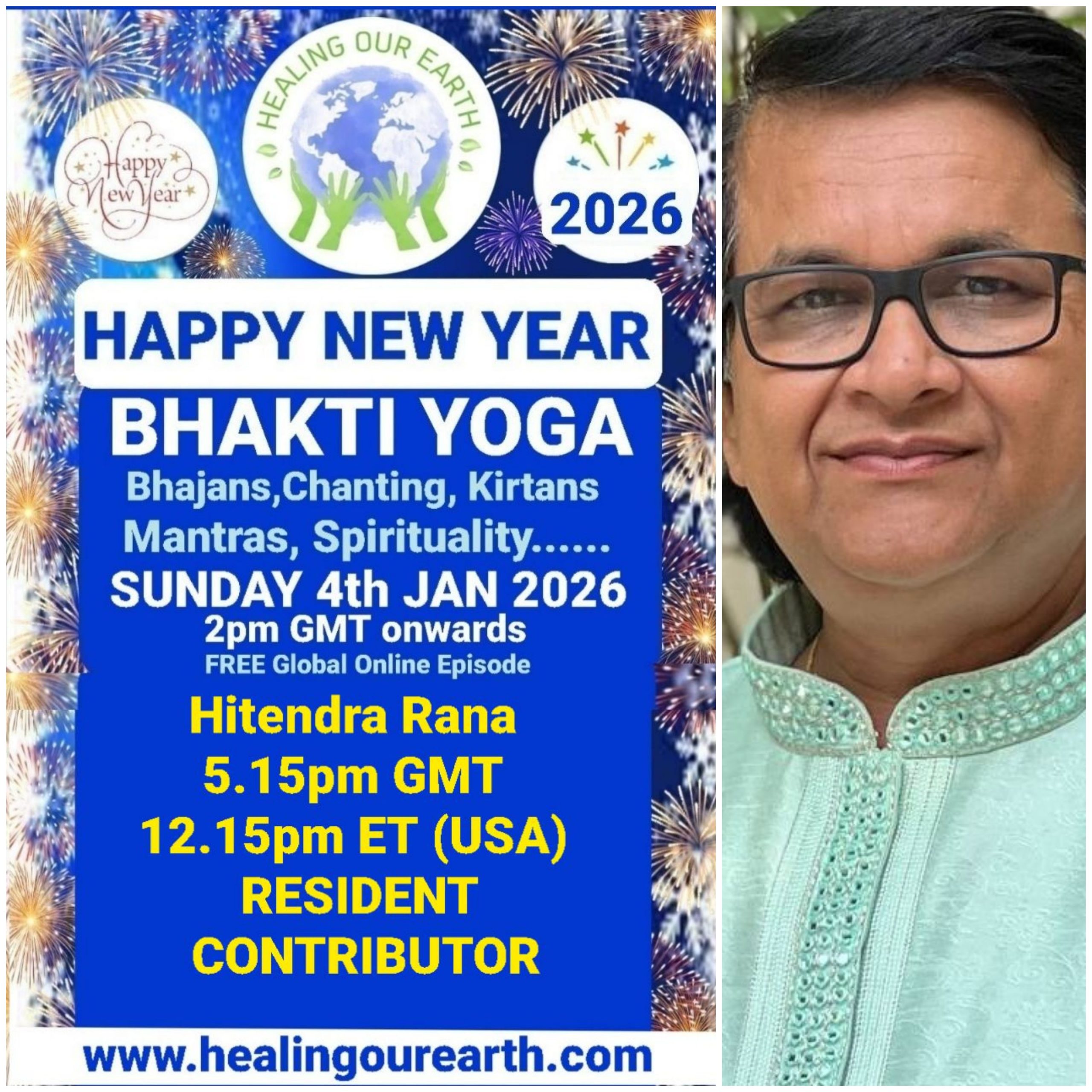 A grid of 16 images showcases various people labeled as speakers for a Bhakti Yoga event happening on a Sunday in 2025. Each image includes a photo of the speaker, their name, and event details. A map of the world and "Happy New Year Bhakti Yoga 2025" appear across the top. Contact info is at the bottom.