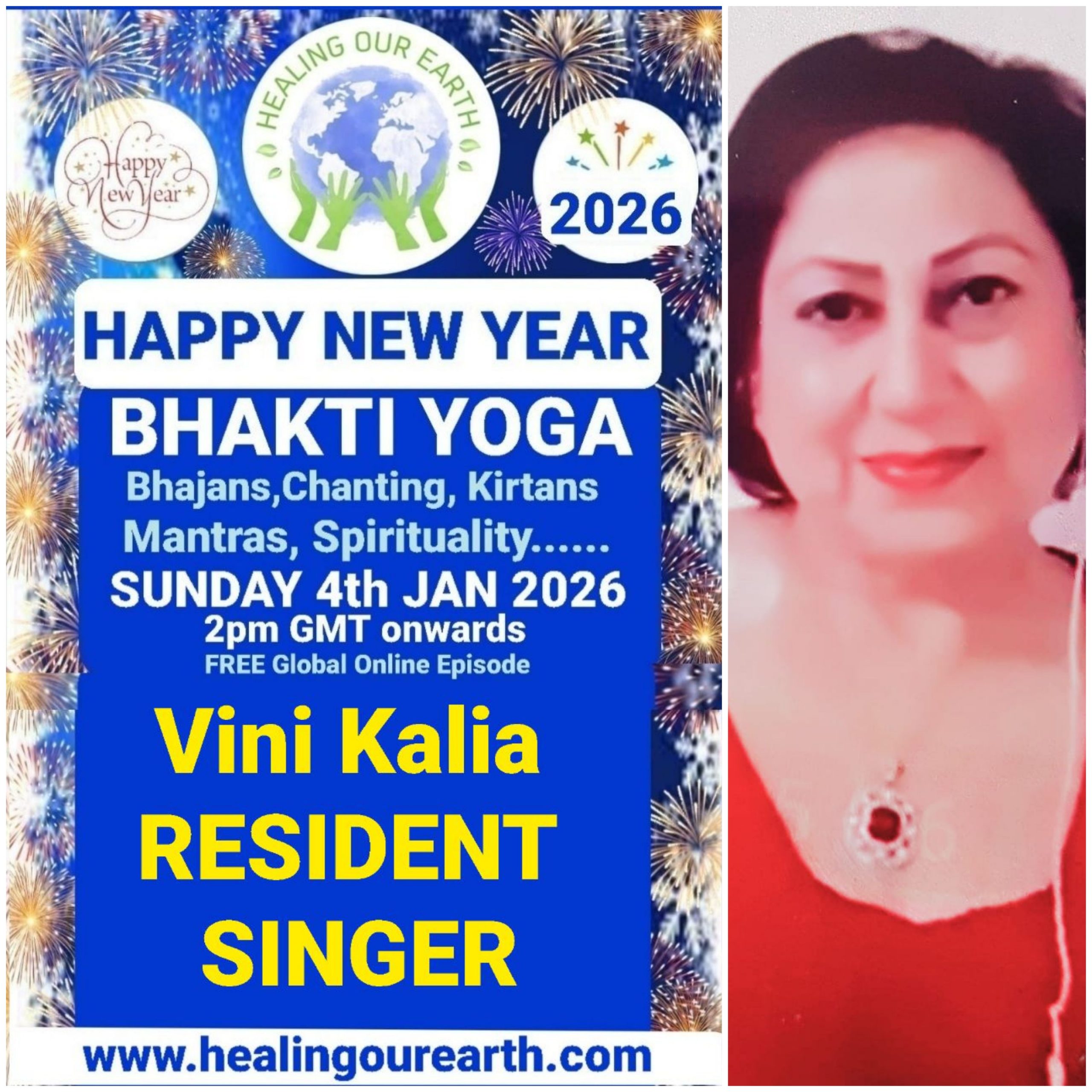 A grid of 16 images showcases various people labeled as speakers for a Bhakti Yoga event happening on a Sunday in 2025. Each image includes a photo of the speaker, their name, and event details. A map of the world and "Happy New Year Bhakti Yoga 2025" appear across the top. Contact info is at the bottom.