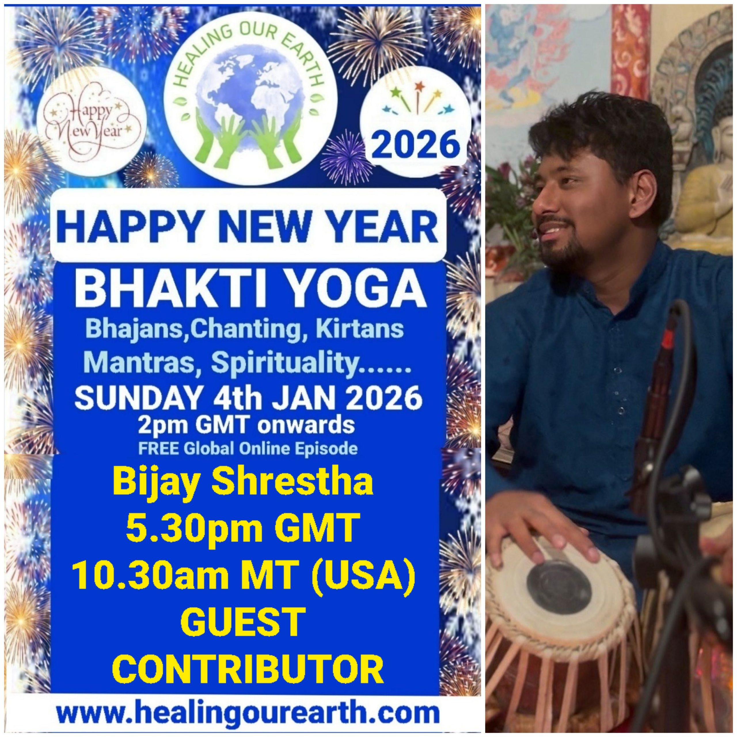 A grid of 16 images showcases various people labeled as speakers for a Bhakti Yoga event happening on a Sunday in 2025. Each image includes a photo of the speaker, their name, and event details. A map of the world and "Happy New Year Bhakti Yoga 2025" appear across the top. Contact info is at the bottom.