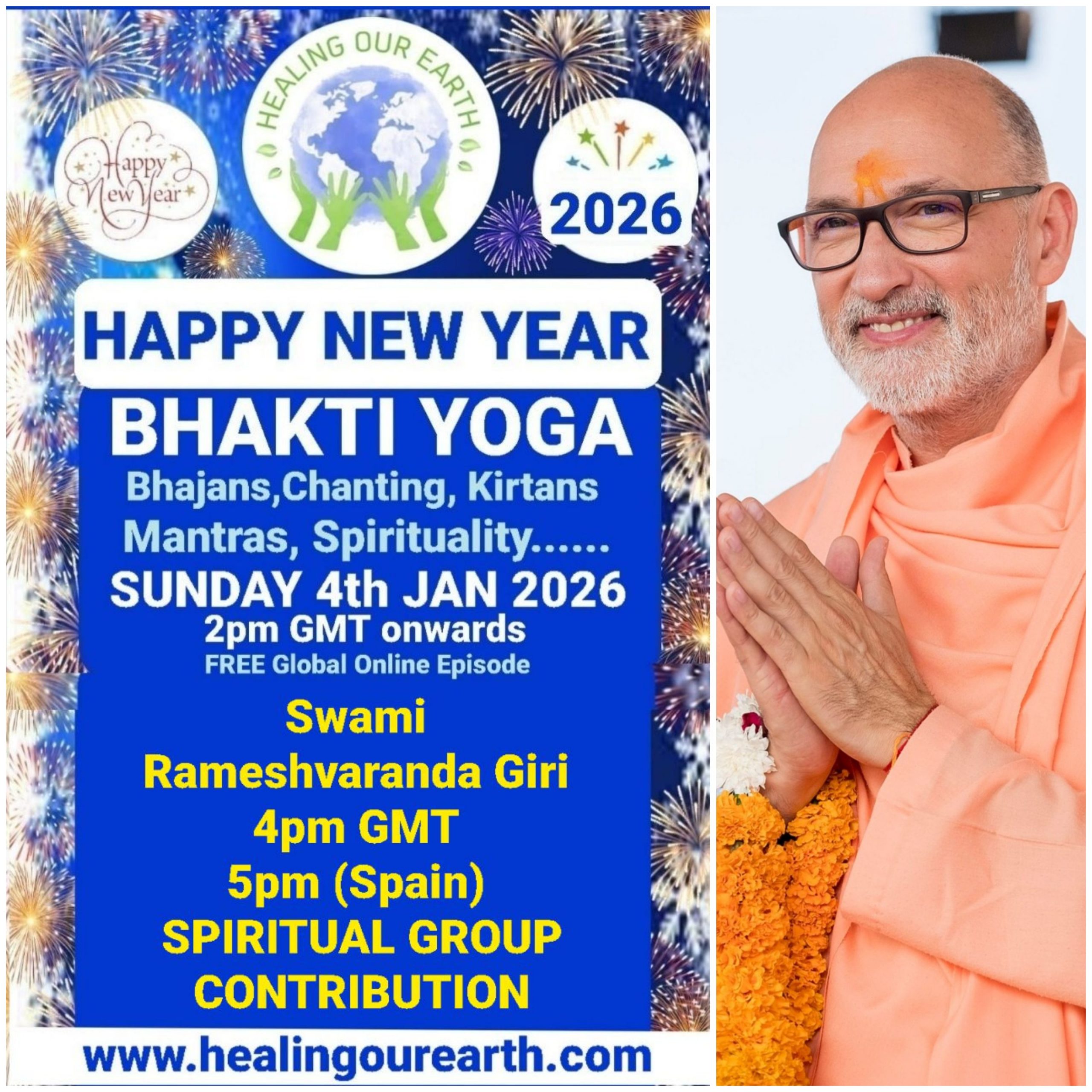 A grid of 16 images showcases various people labeled as speakers for a Bhakti Yoga event happening on a Sunday in 2025. Each image includes a photo of the speaker, their name, and event details. A map of the world and "Happy New Year Bhakti Yoga 2025" appear across the top. Contact info is at the bottom.