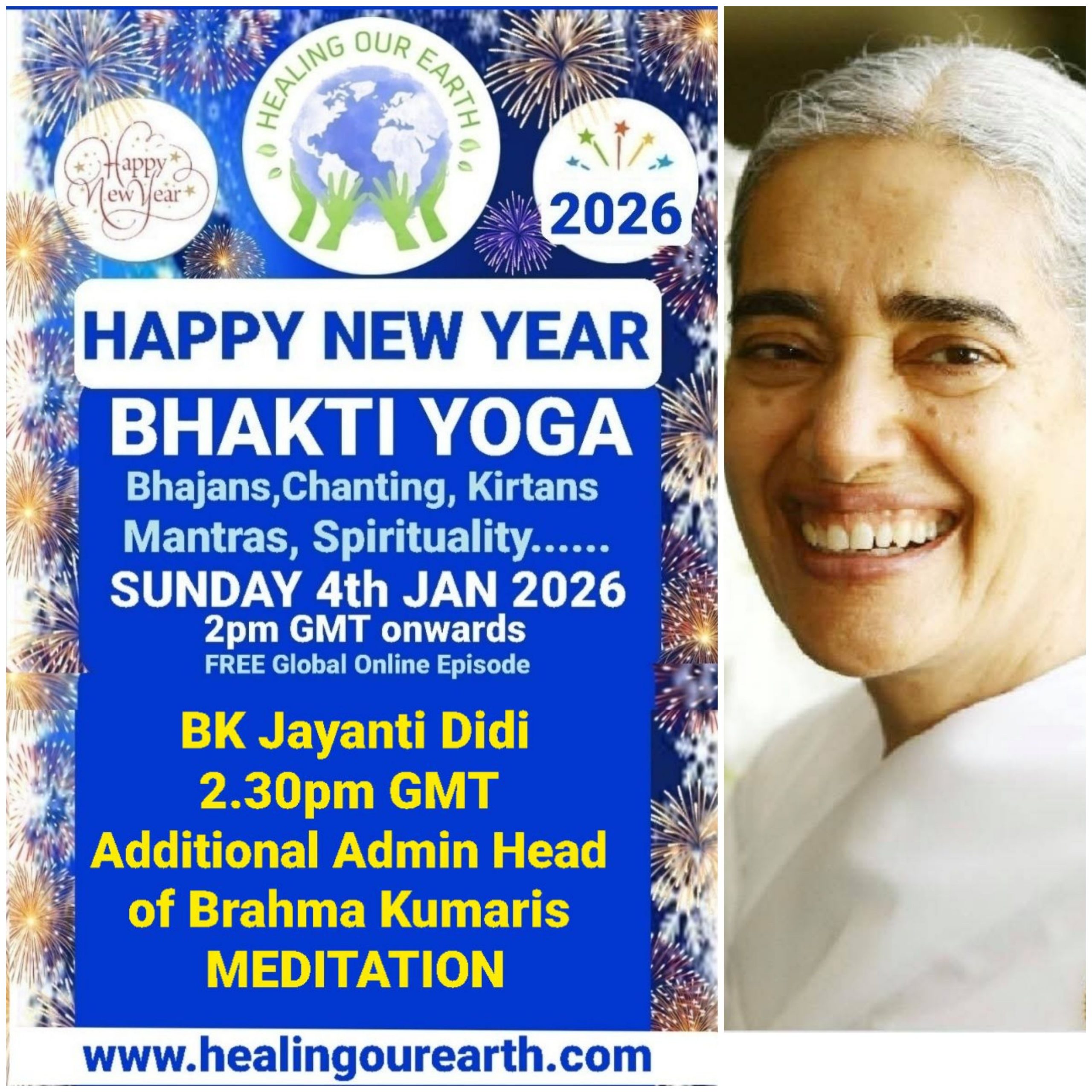 A grid of 16 images showcases various people labeled as speakers for a Bhakti Yoga event happening on a Sunday in 2025. Each image includes a photo of the speaker, their name, and event details. A map of the world and "Happy New Year Bhakti Yoga 2025" appear across the top. Contact info is at the bottom.