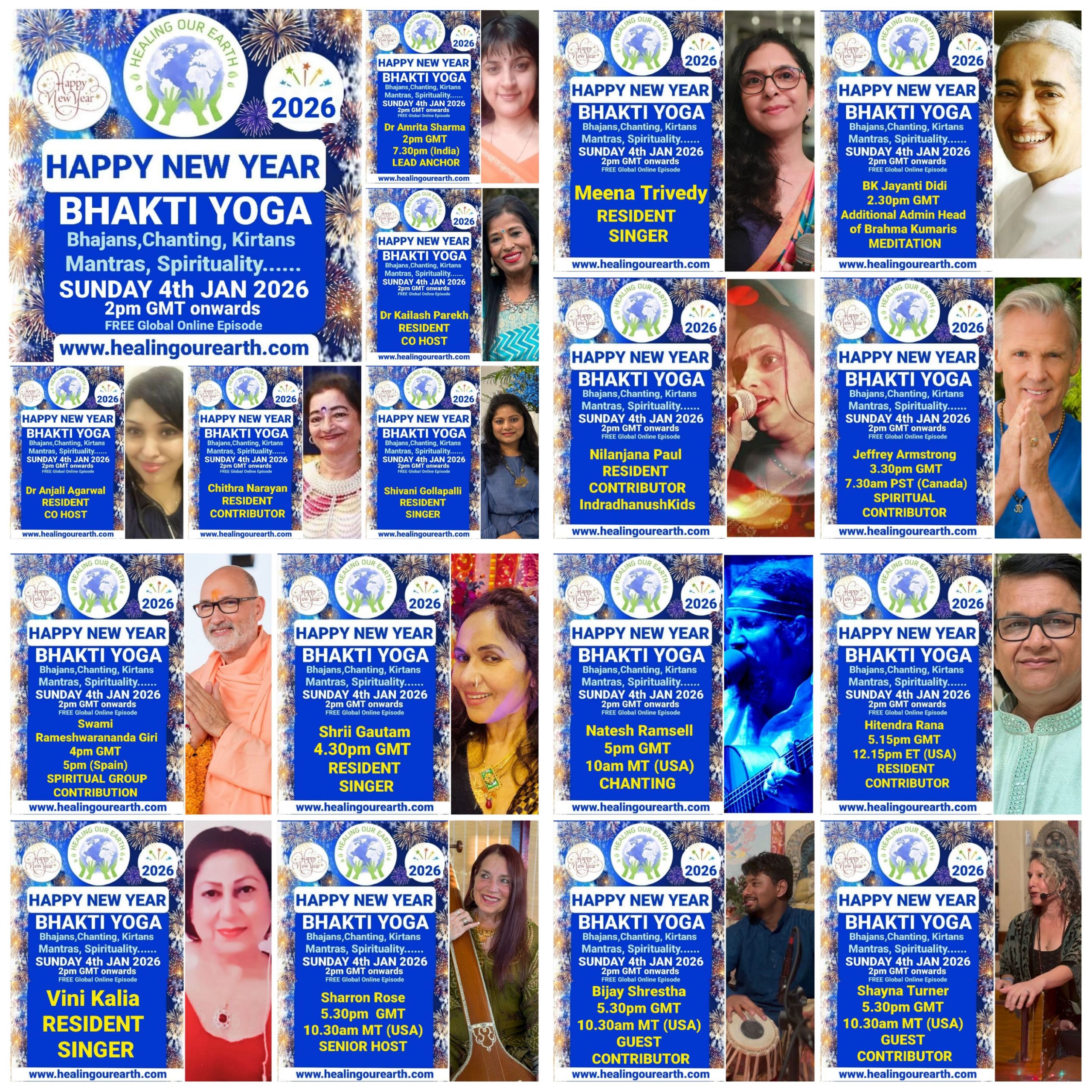 A grid of 16 images showcases various people labeled as speakers for a Bhakti Yoga event happening on a Sunday in 2025. Each image includes a photo of the speaker, their name, and event details. A map of the world and "Happy New Year Bhakti Yoga 2025" appear across the top. Contact info is at the bottom.