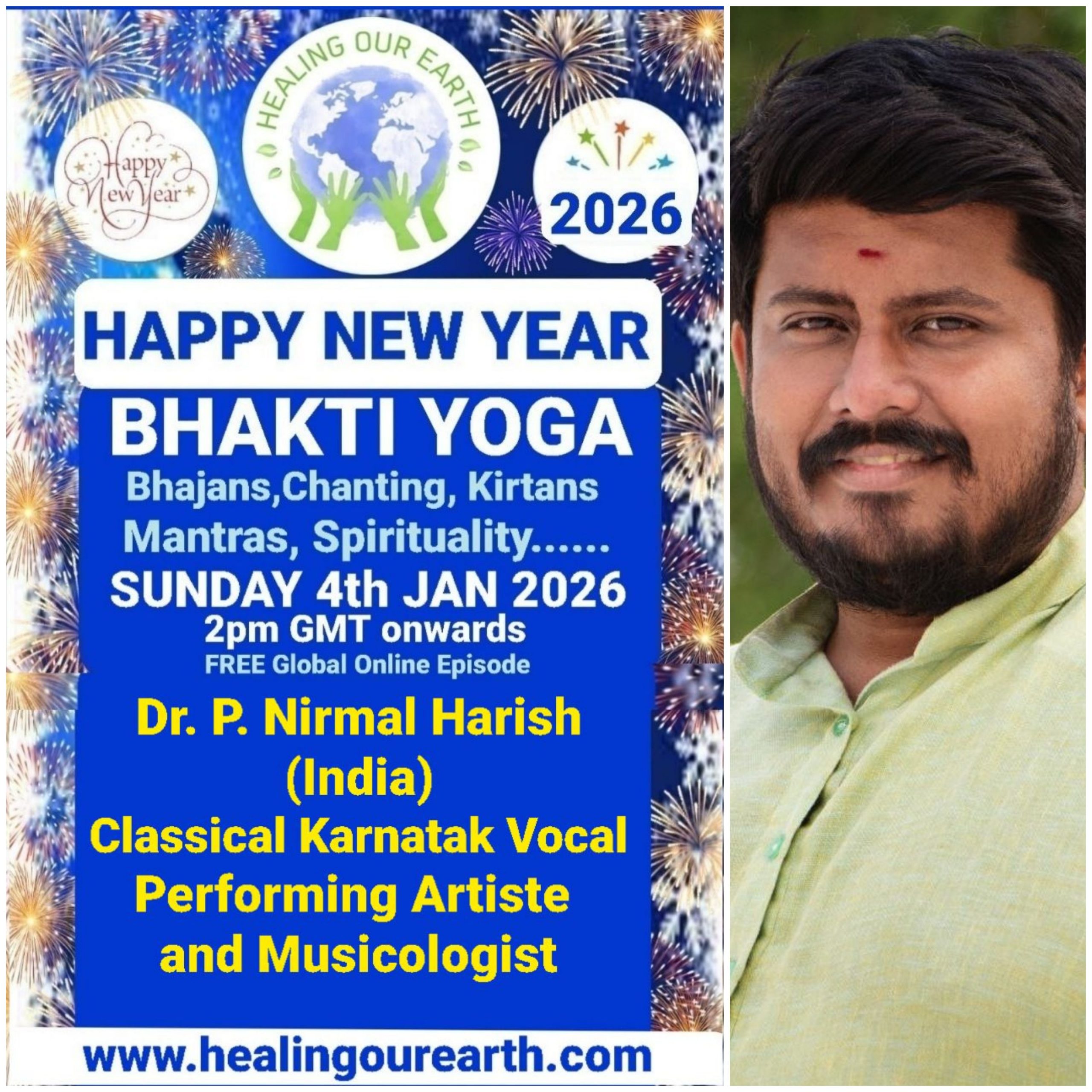 A grid of 16 images showcases various people labeled as speakers for a Bhakti Yoga event happening on a Sunday in 2025. Each image includes a photo of the speaker, their name, and event details. A map of the world and "Happy New Year Bhakti Yoga 2025" appear across the top. Contact info is at the bottom.