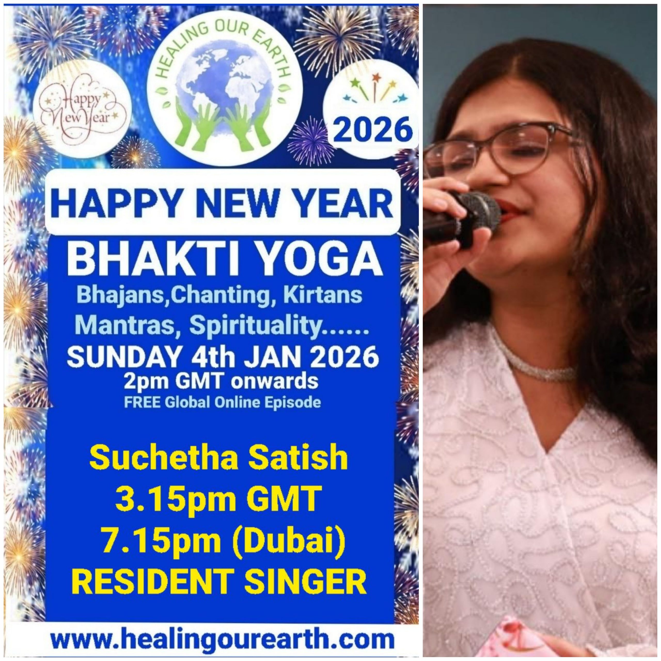A grid of 16 images showcases various people labeled as speakers for a Bhakti Yoga event happening on a Sunday in 2025. Each image includes a photo of the speaker, their name, and event details. A map of the world and "Happy New Year Bhakti Yoga 2025" appear across the top. Contact info is at the bottom.