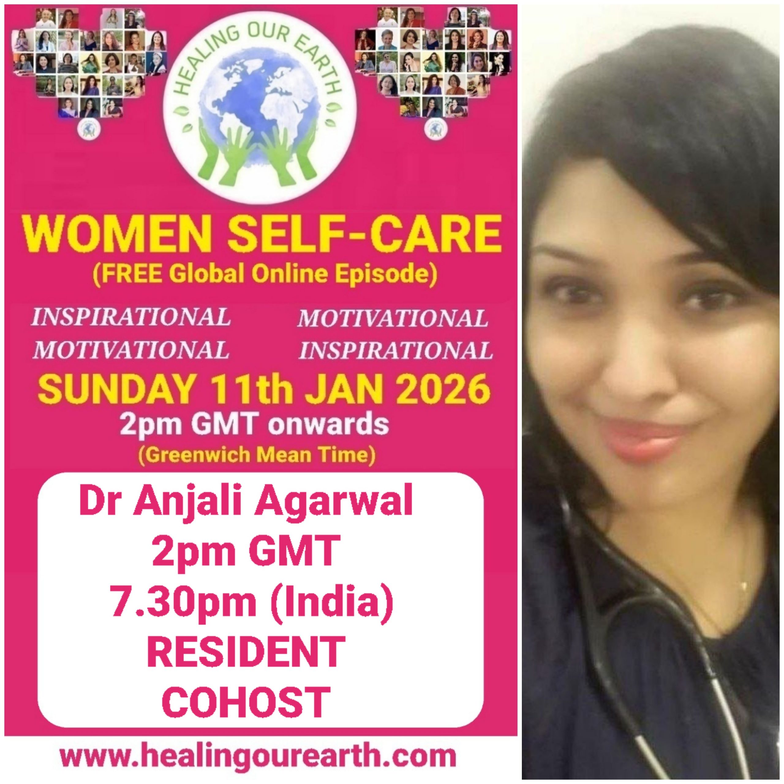 Promotional poster for a women’s self-care and empowerment online event with speaker photos, schedule, and social media details.