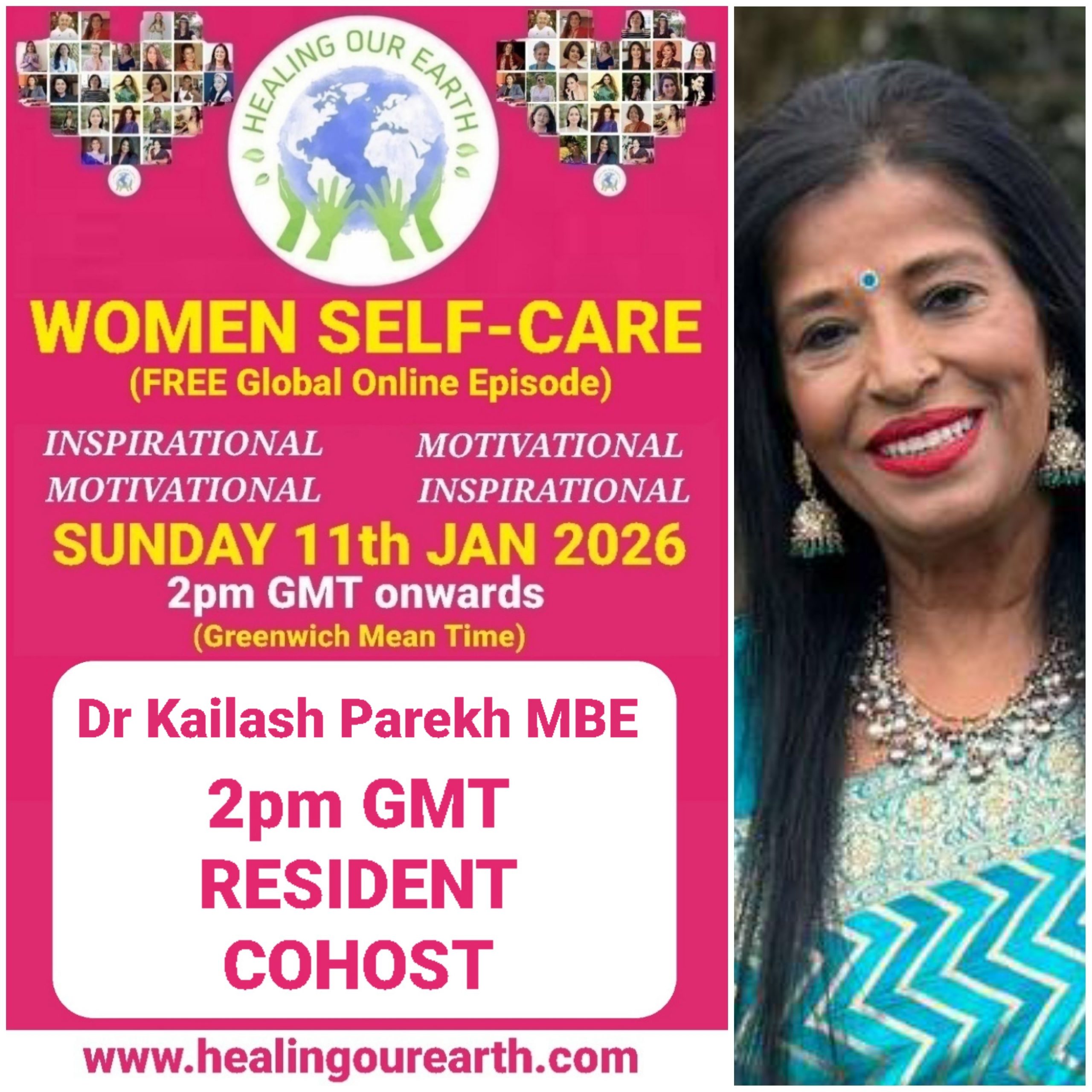 Promotional poster for a women’s self-care and empowerment online event with speaker photos, schedule, and social media details.