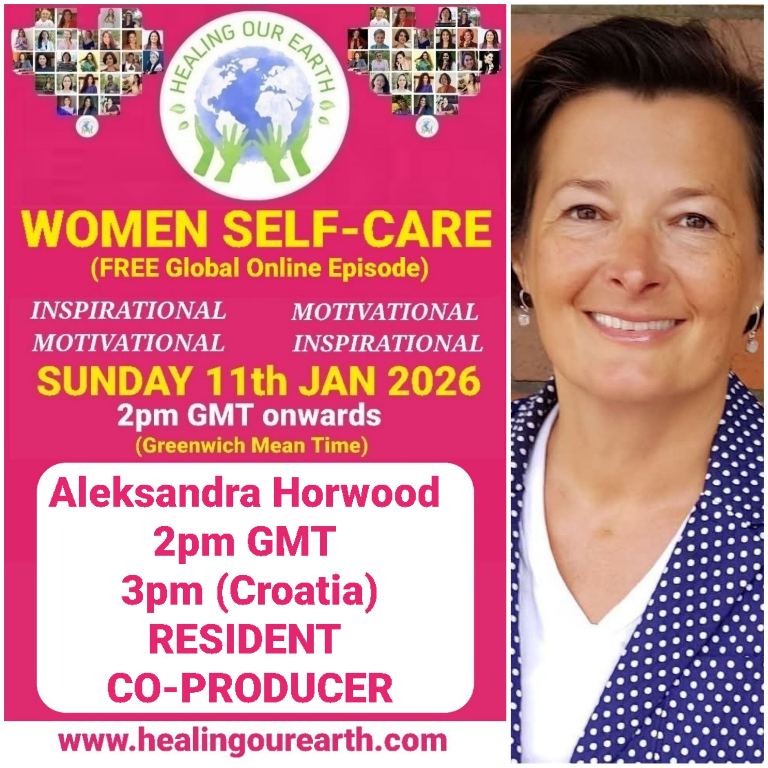 Promotional poster for a women’s self-care and empowerment online event with speaker photos, schedule, and social media details.