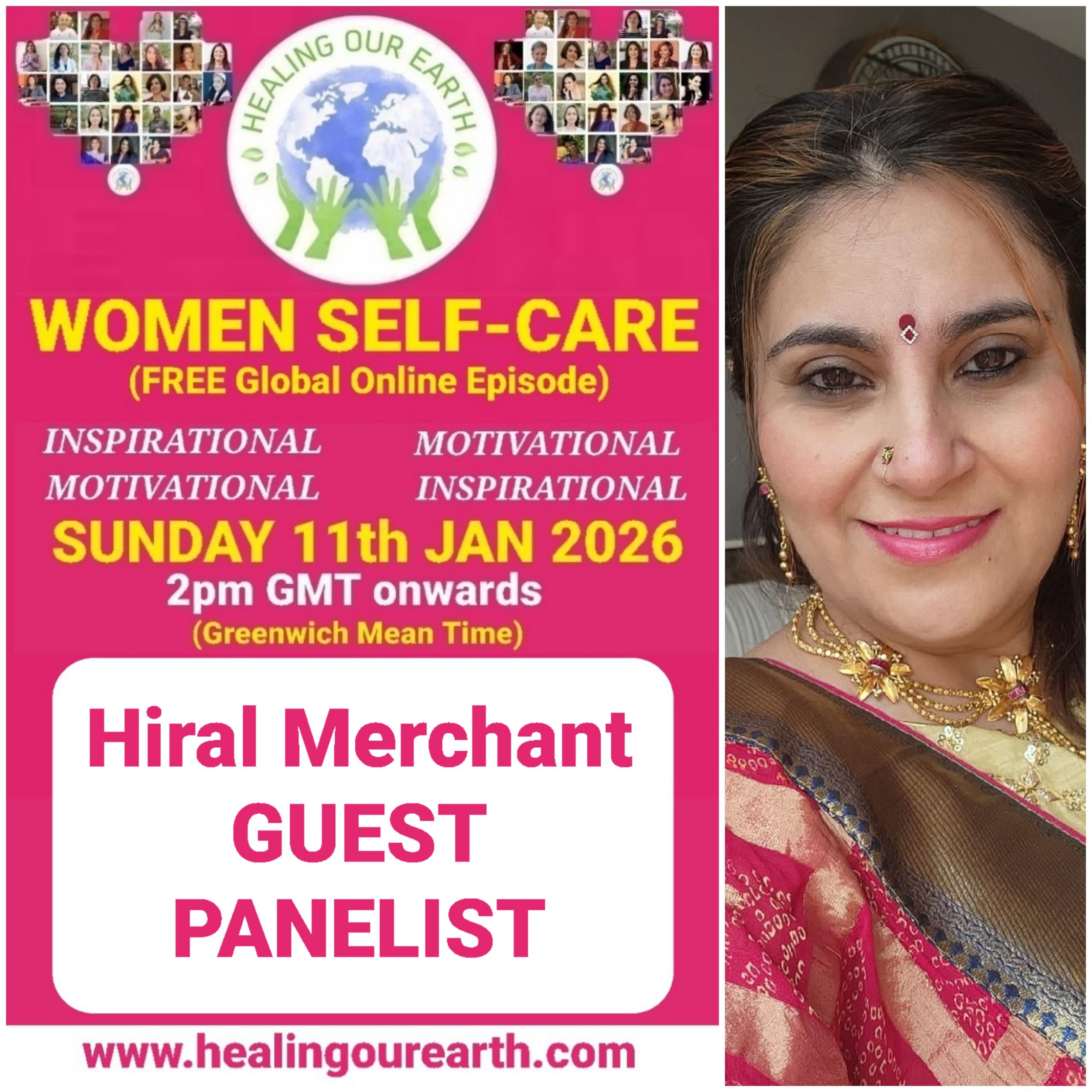 Promotional poster for a women’s self-care and empowerment online event with speaker photos, schedule, and social media details.