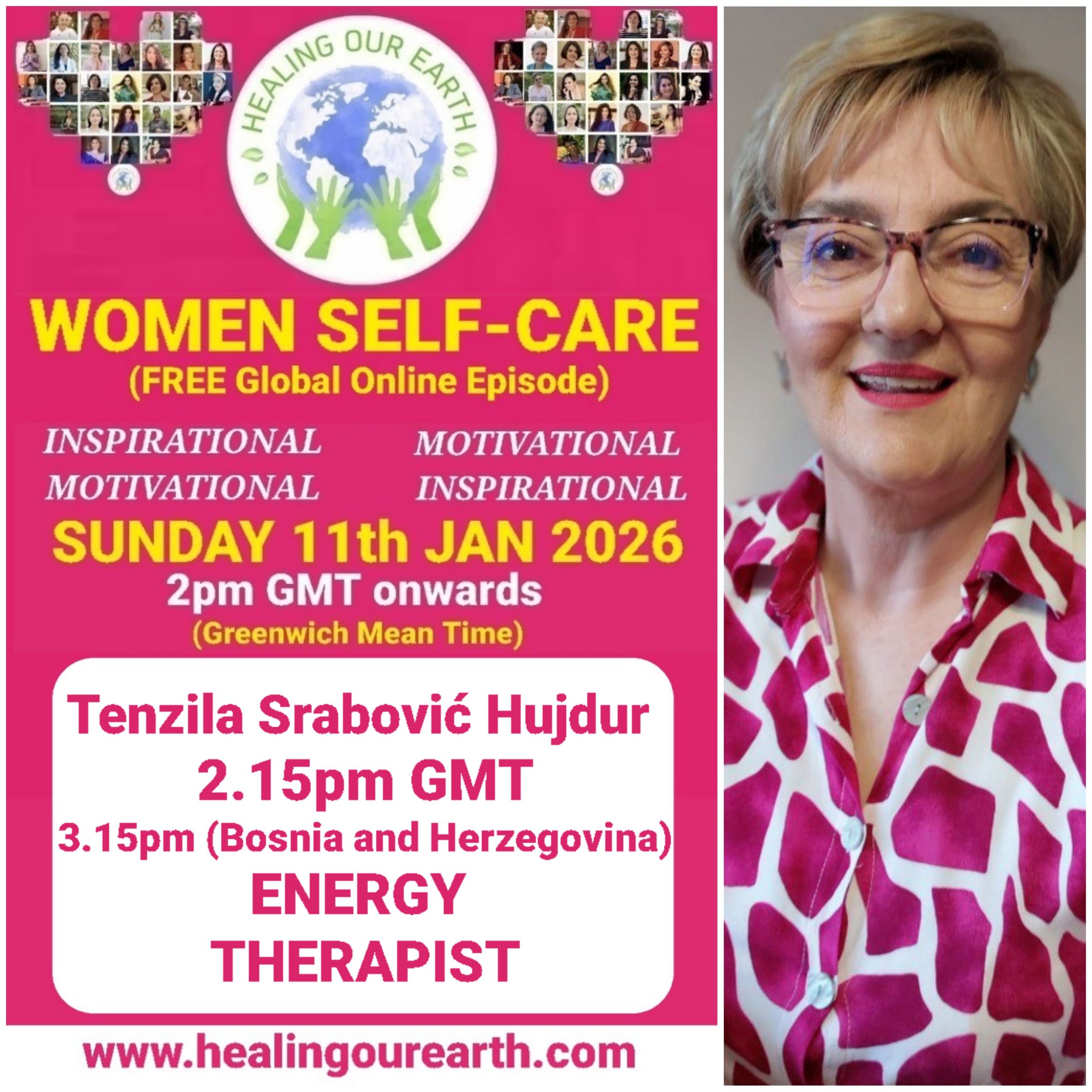Promotional poster for a women’s self-care and empowerment online event with speaker photos, schedule, and social media details.