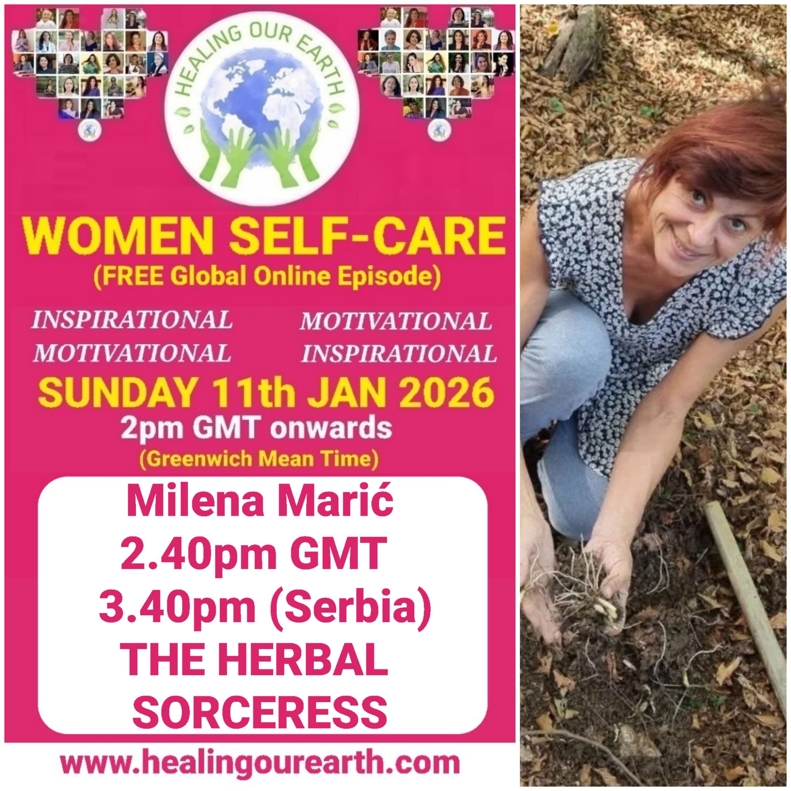 Promotional poster for a women’s self-care and empowerment online event with speaker photos, schedule, and social media details.