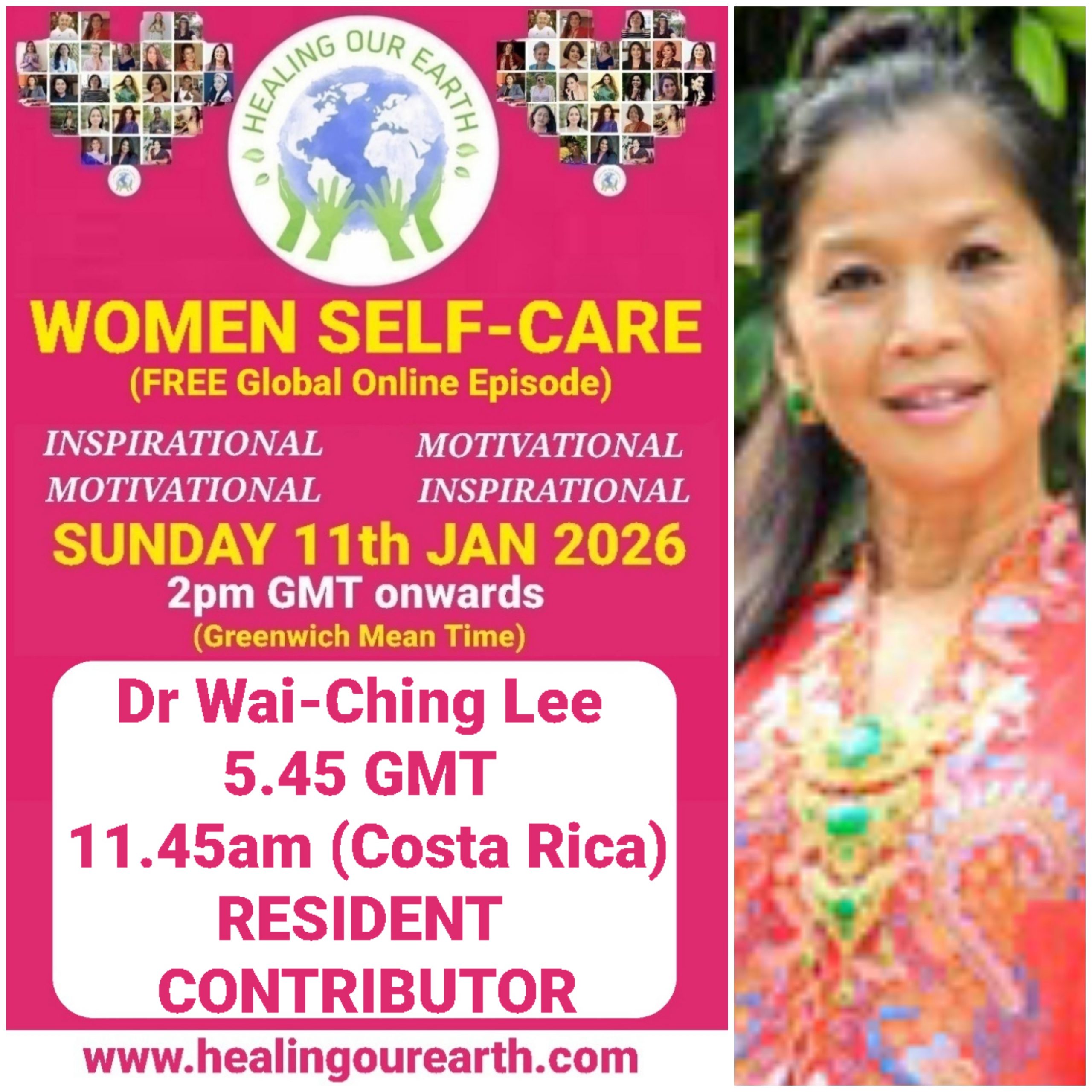 Promotional poster for a women’s self-care and empowerment online event with speaker photos, schedule, and social media details.