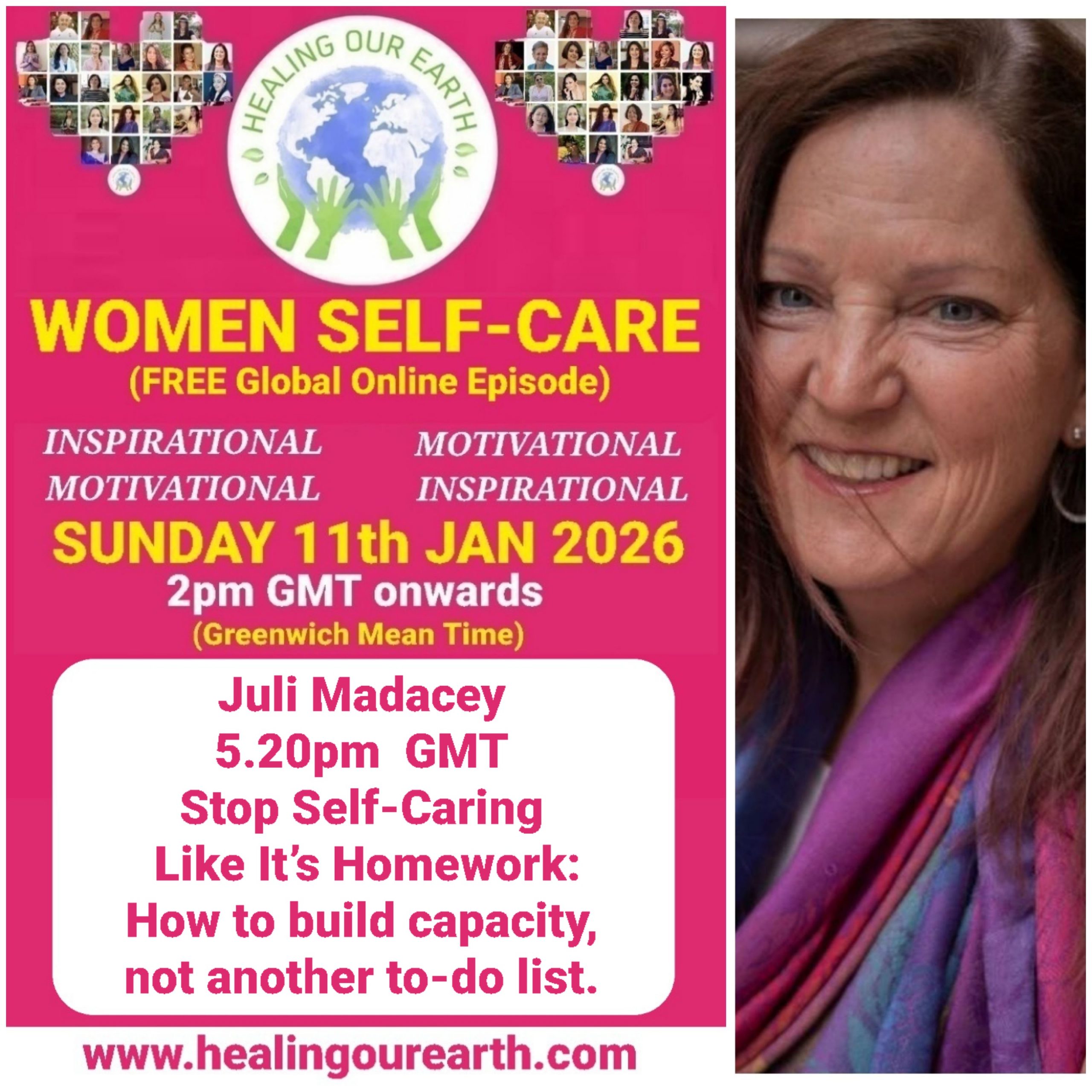 Promotional poster for a women’s self-care and empowerment online event with speaker photos, schedule, and social media details.