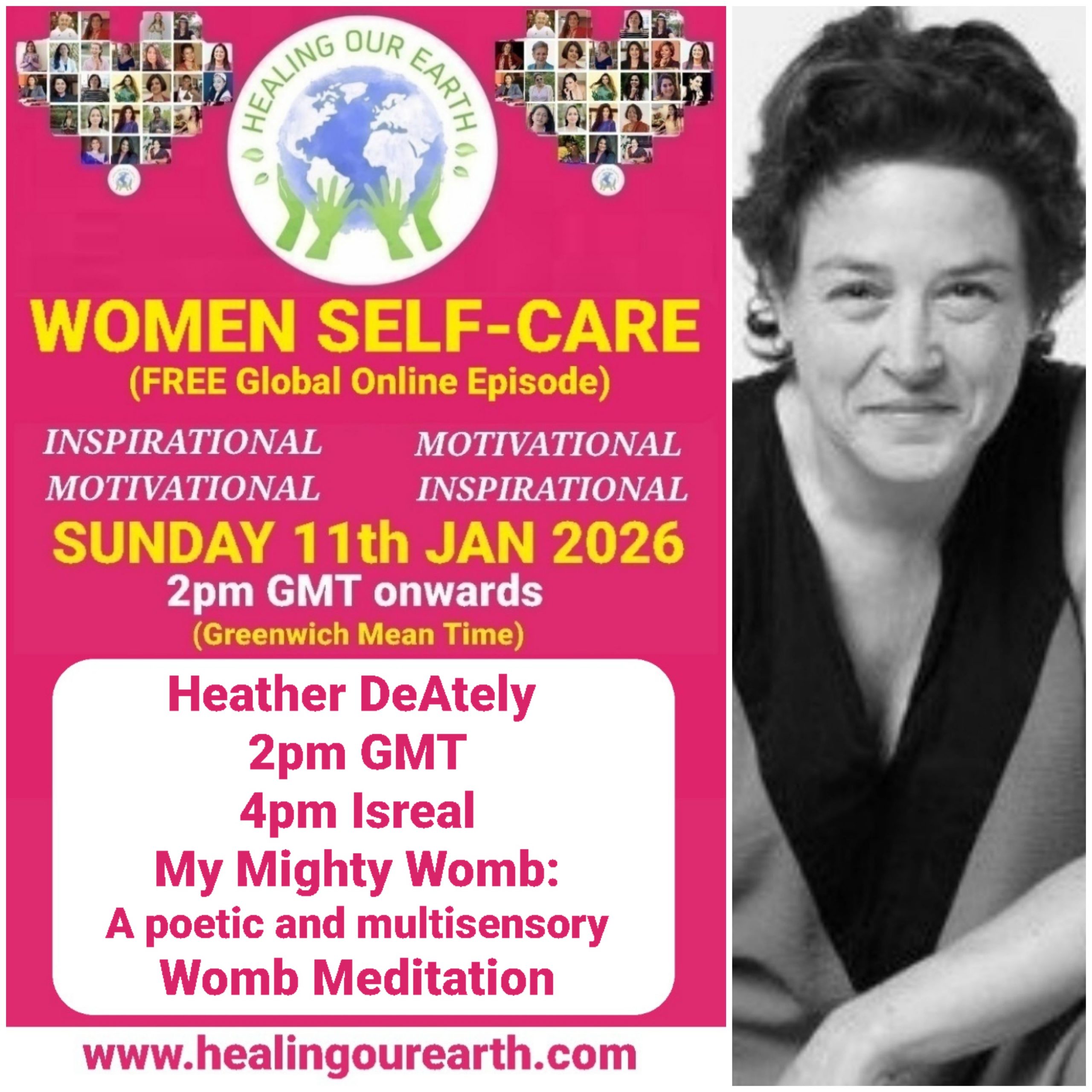 Promotional poster for a women’s self-care and empowerment online event with speaker photos, schedule, and social media details.