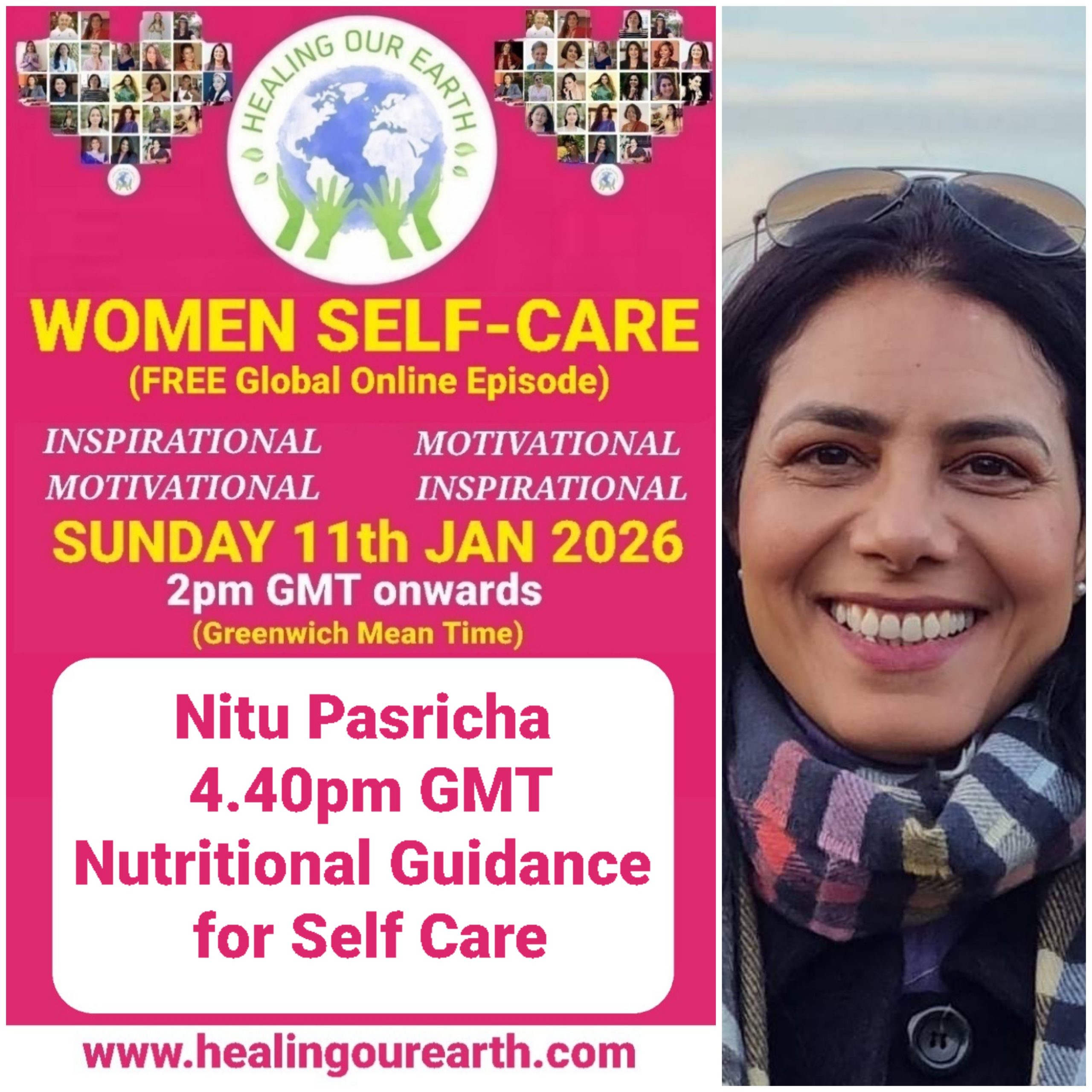 Promotional poster for a women’s self-care and empowerment online event with speaker photos, schedule, and social media details.