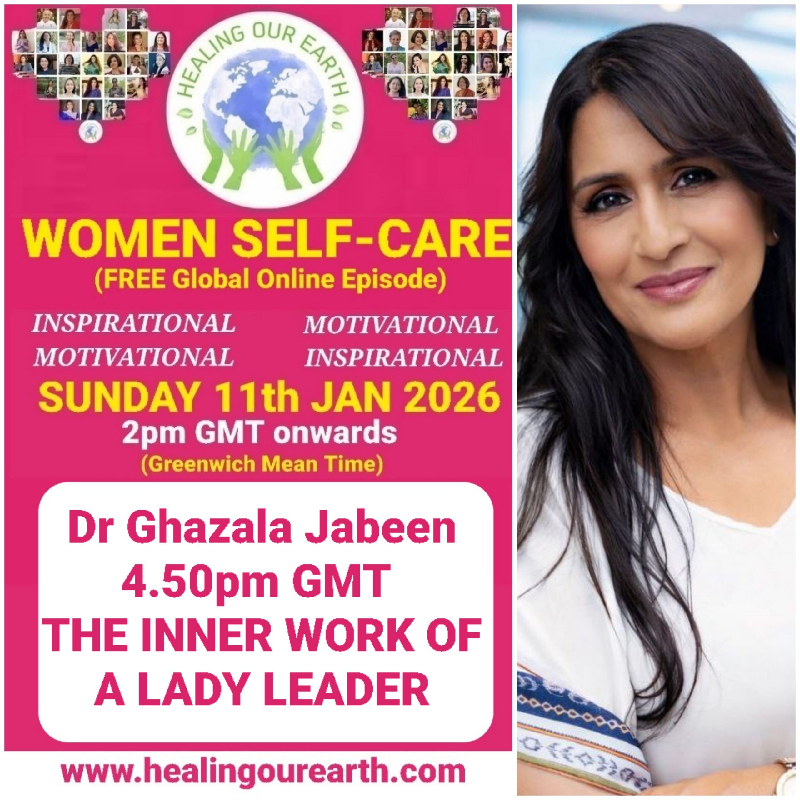 Promotional poster for a women’s self-care and empowerment online event with speaker photos, schedule, and social media details.