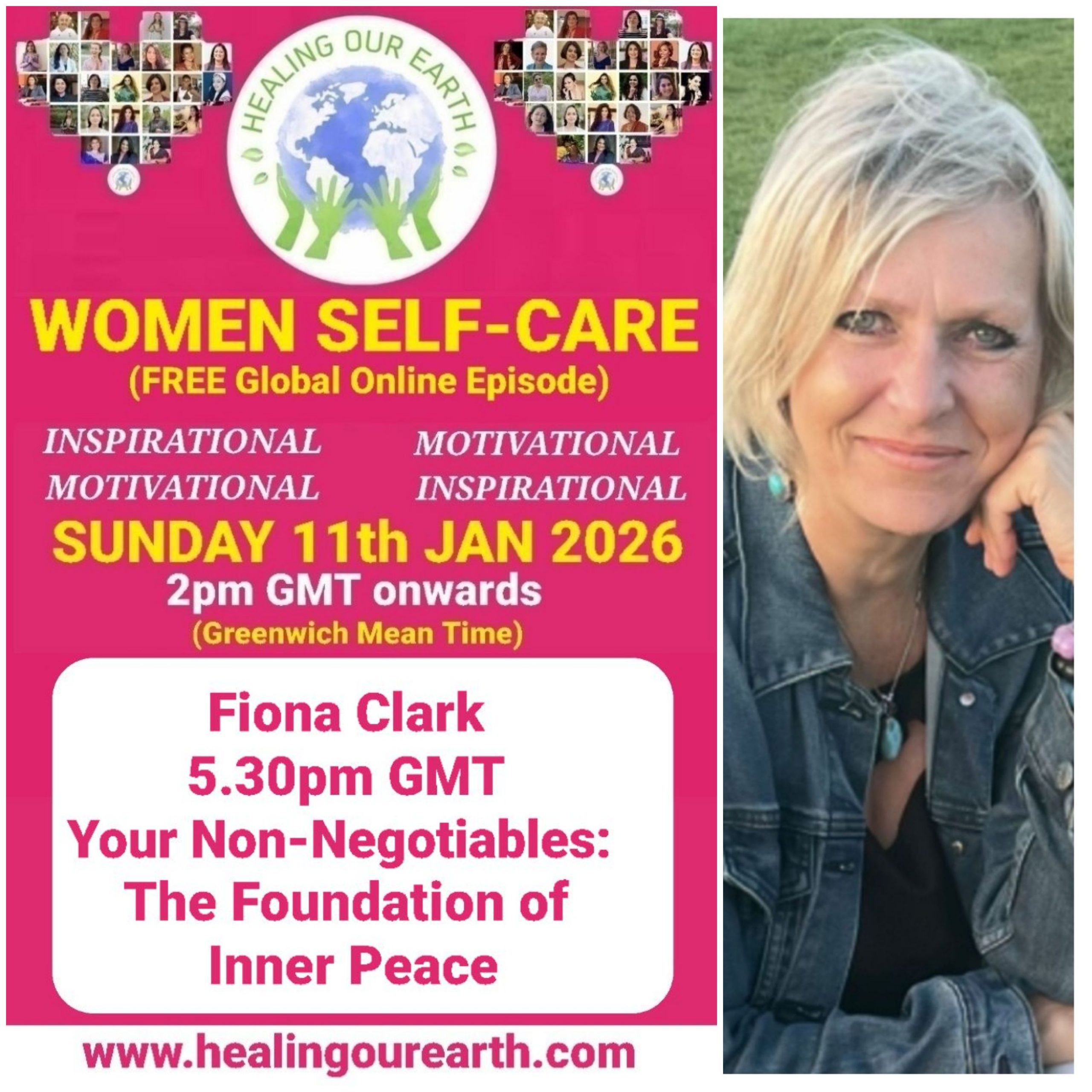 Promotional poster for a women’s self-care and empowerment online event with speaker photos, schedule, and social media details.