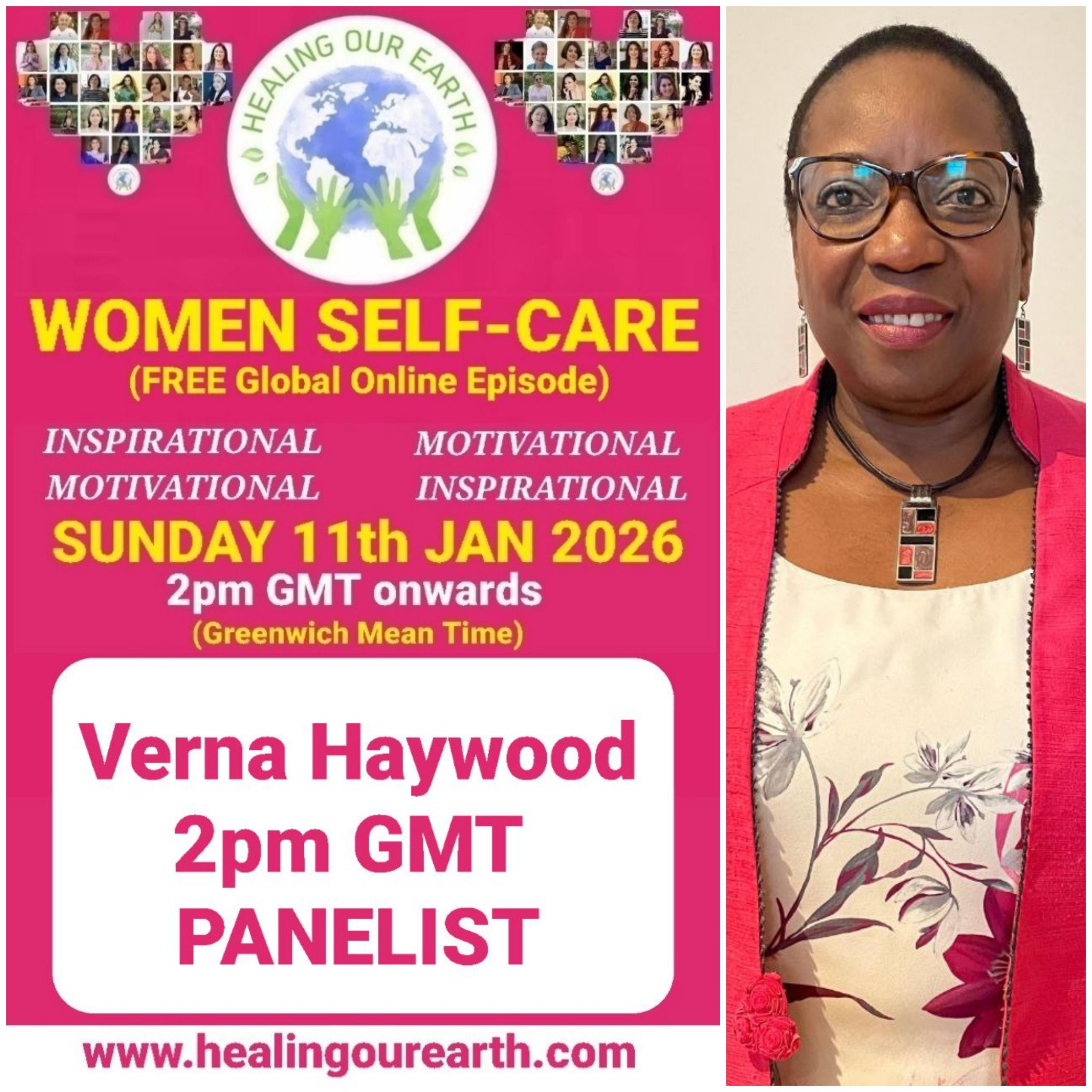 Promotional poster for a women’s self-care and empowerment online event with speaker photos, schedule, and social media details.