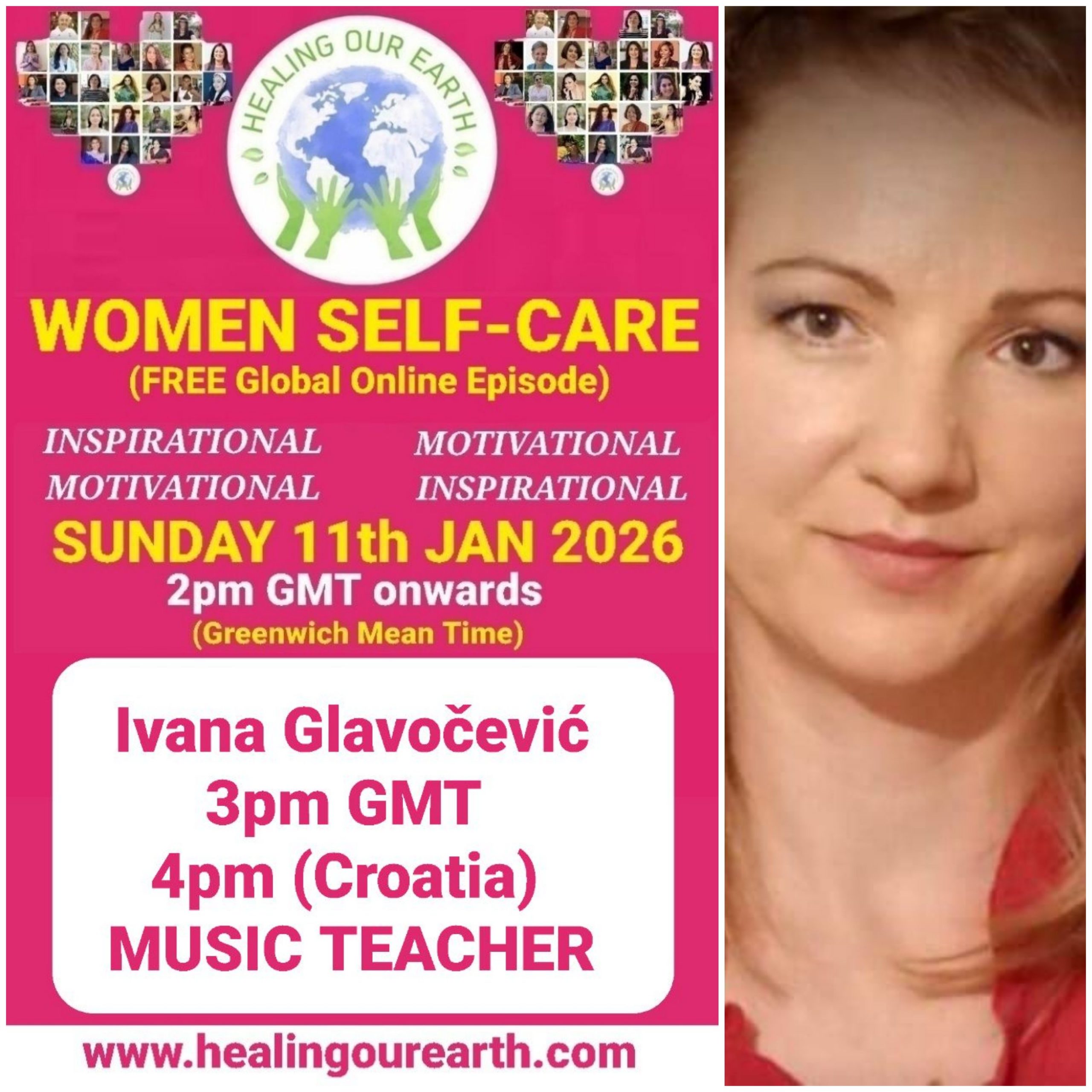 Promotional poster for a women’s self-care and empowerment online event with speaker photos, schedule, and social media details.