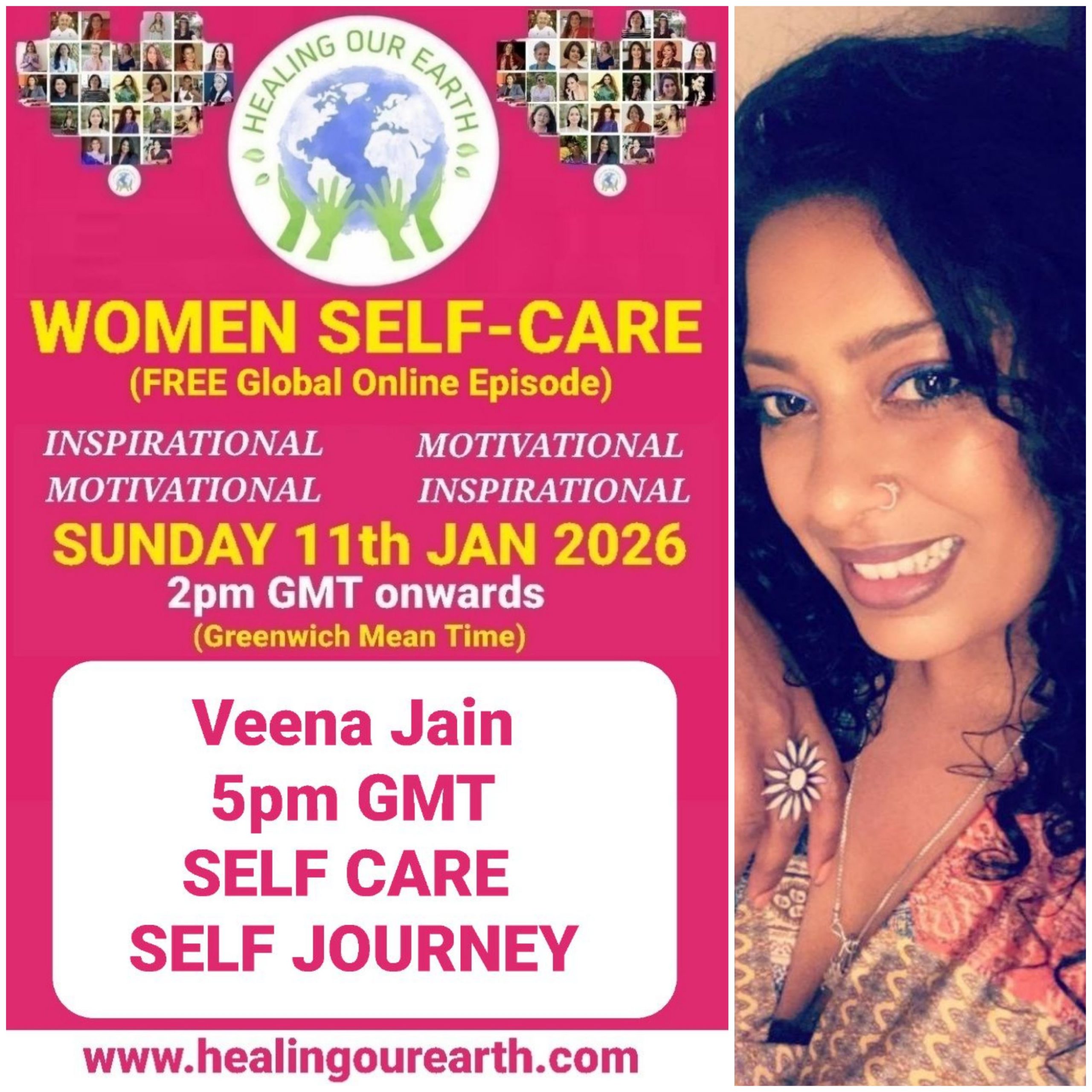 Promotional poster for a women’s self-care and empowerment online event with speaker photos, schedule, and social media details.